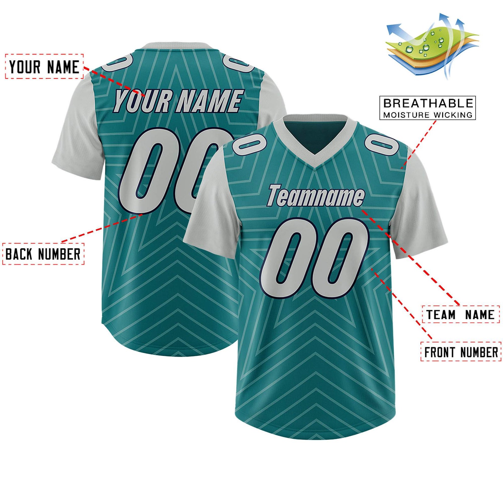 Custom Aqua Gray Personalized Star Pattern Raglan Sleeves Authentic Football Jersey