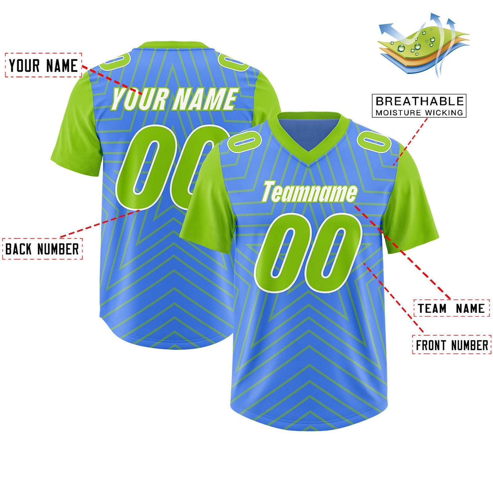 Custom Powder Blue Neon Green Personalized Star Pattern Raglan Sleeves Authentic Football Jersey