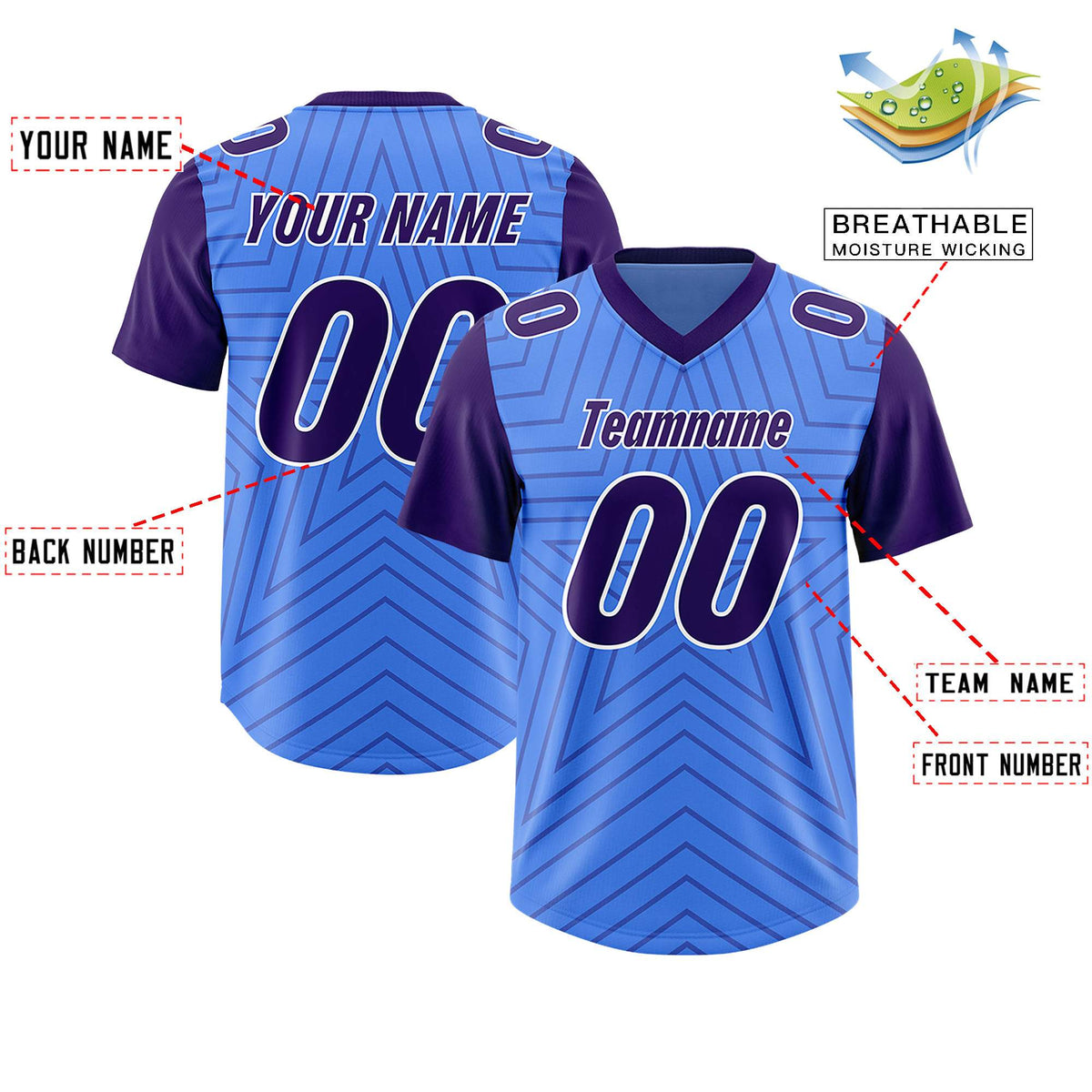 Custom Powder Blue Purple Personalized Star Pattern Raglan Sleeves Authentic Football Jersey