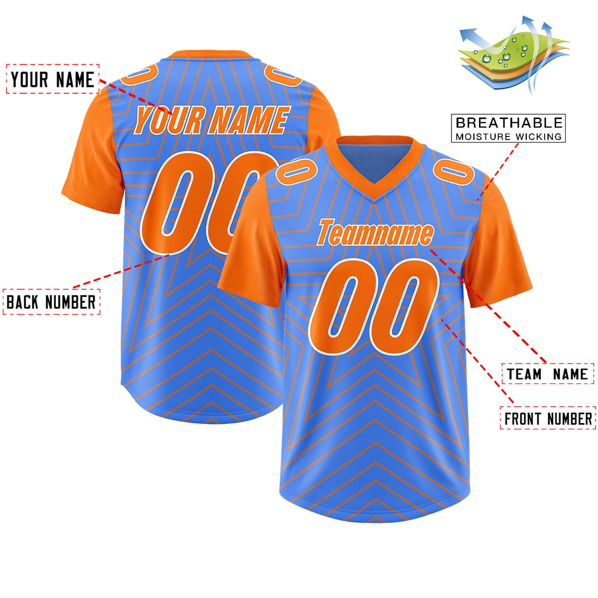 Custom Powder Blue Orange Personalized Star Pattern Raglan Sleeves Authentic Football Jersey