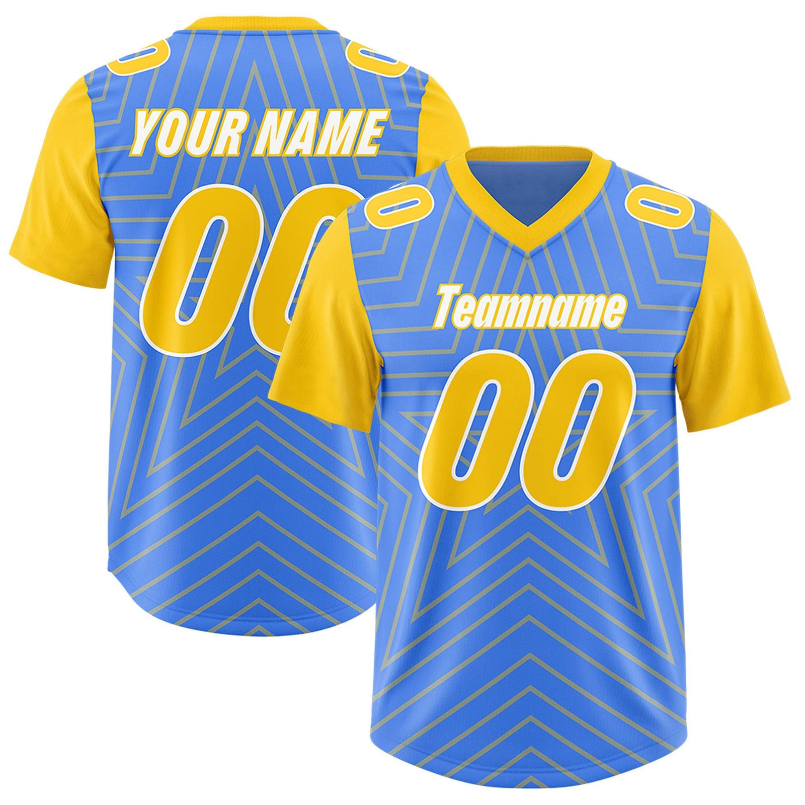 Custom Powder Blue Gold Personalized Star Pattern Raglan Sleeves Authentic Football Jersey