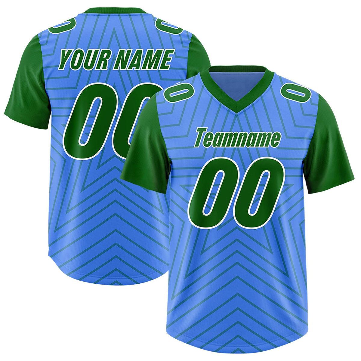 Custom Powder Blue Kelly Green Personalized Star Pattern Raglan Sleeves Authentic Football Jersey