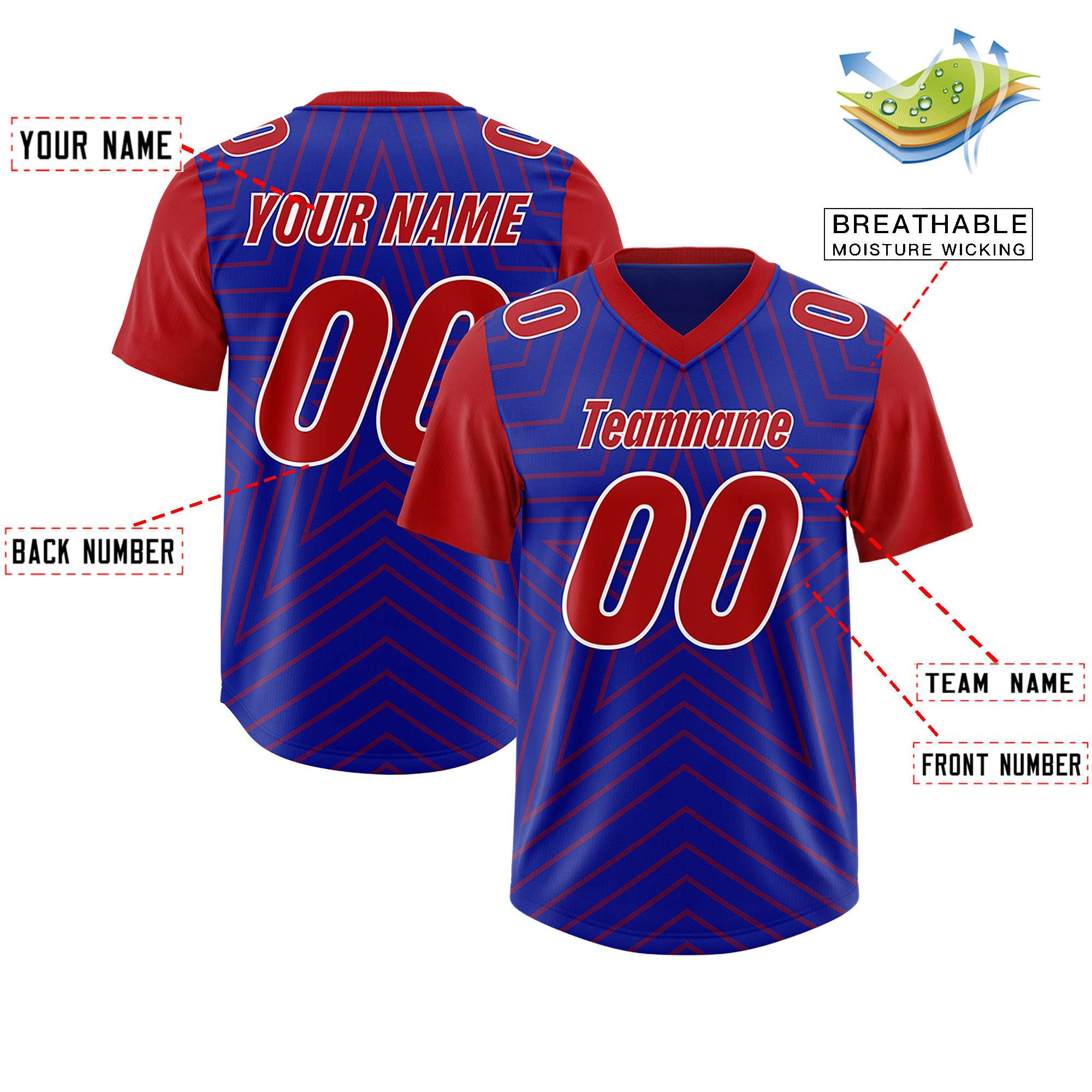 Custom Royal Red Personalized Star Pattern Raglan Sleeves Authentic Football Jersey