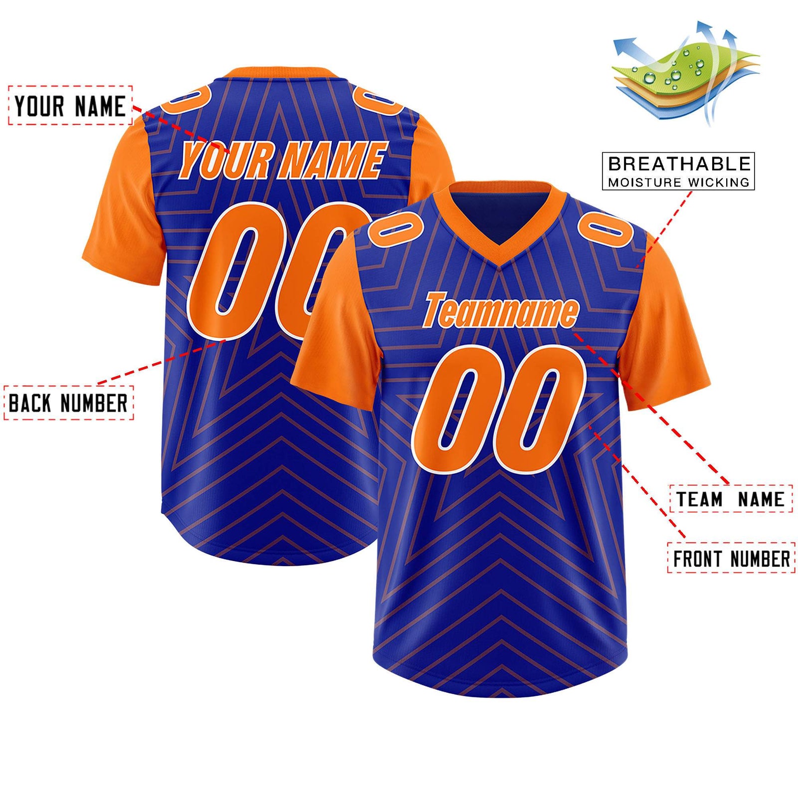 Custom Royal Orange Personalized Star Pattern Raglan Sleeves Authentic Football Jersey