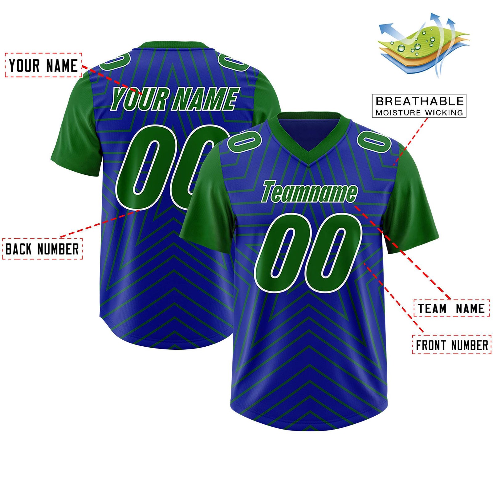 Custom Royal Kelly Green Personalized Star Pattern Raglan Sleeves Authentic Football Jersey