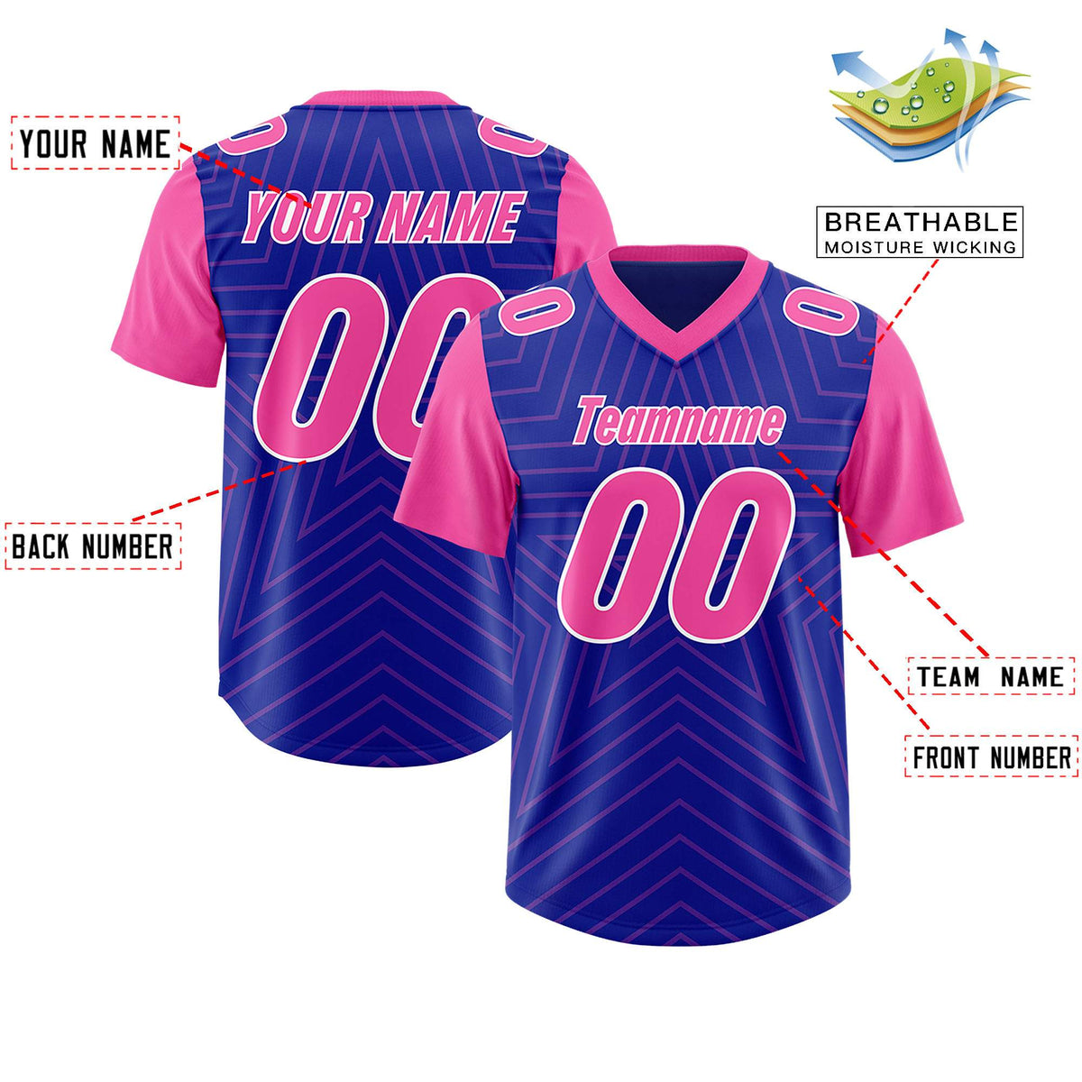 Custom Royal Pink Personalized Star Pattern Raglan Sleeves Authentic Football Jersey