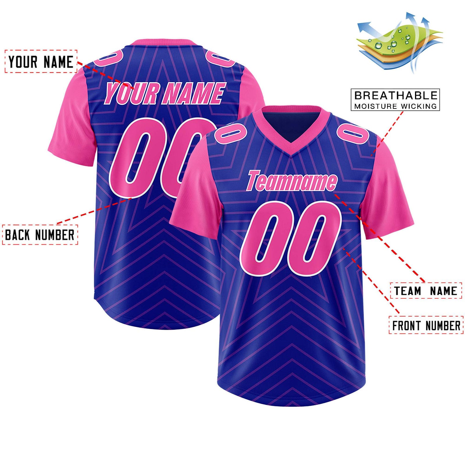 Custom Royal Pink Personalized Star Pattern Raglan Sleeves Authentic Football Jersey