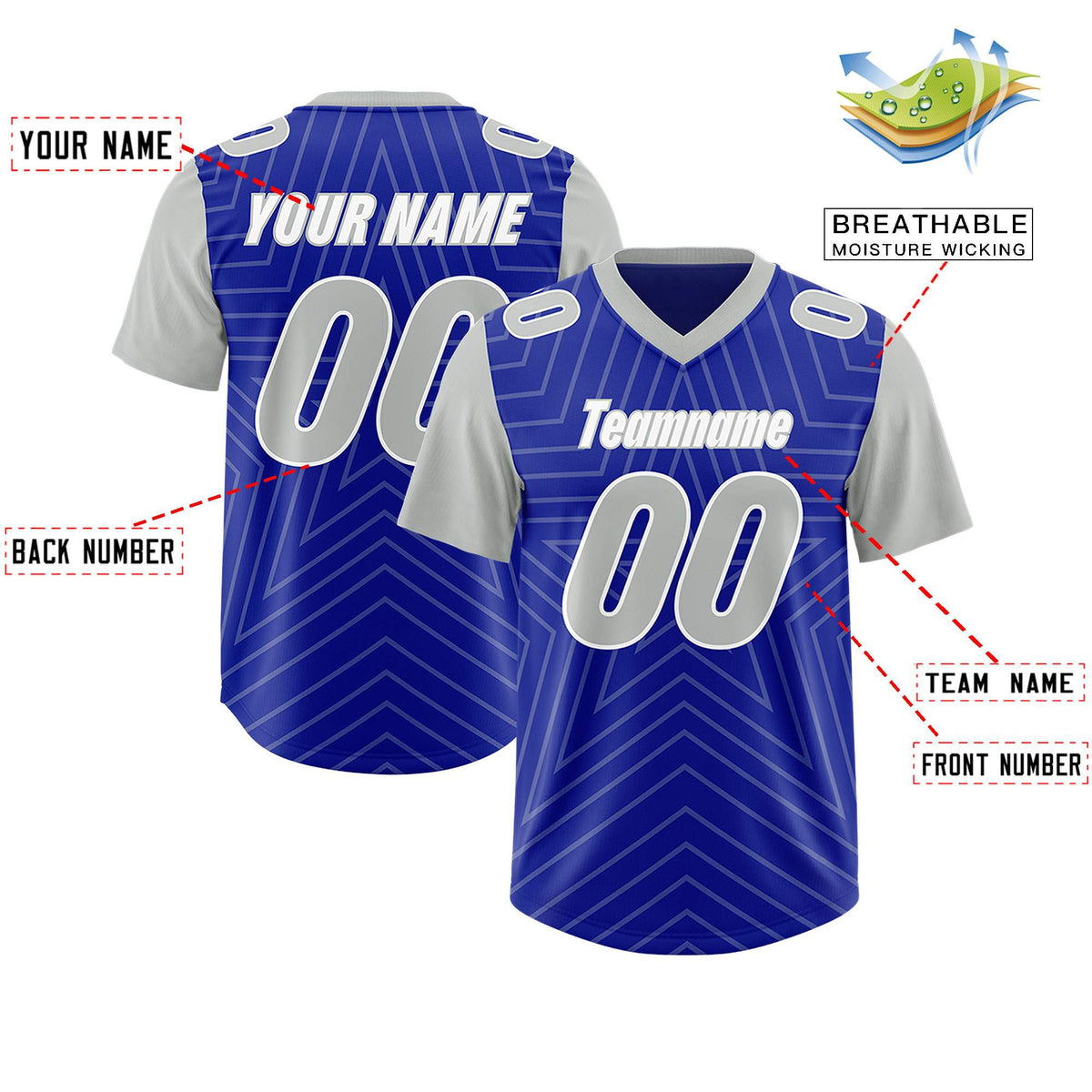 Custom Royal Gray Personalized Star Pattern Raglan Sleeves Authentic Football Jersey
