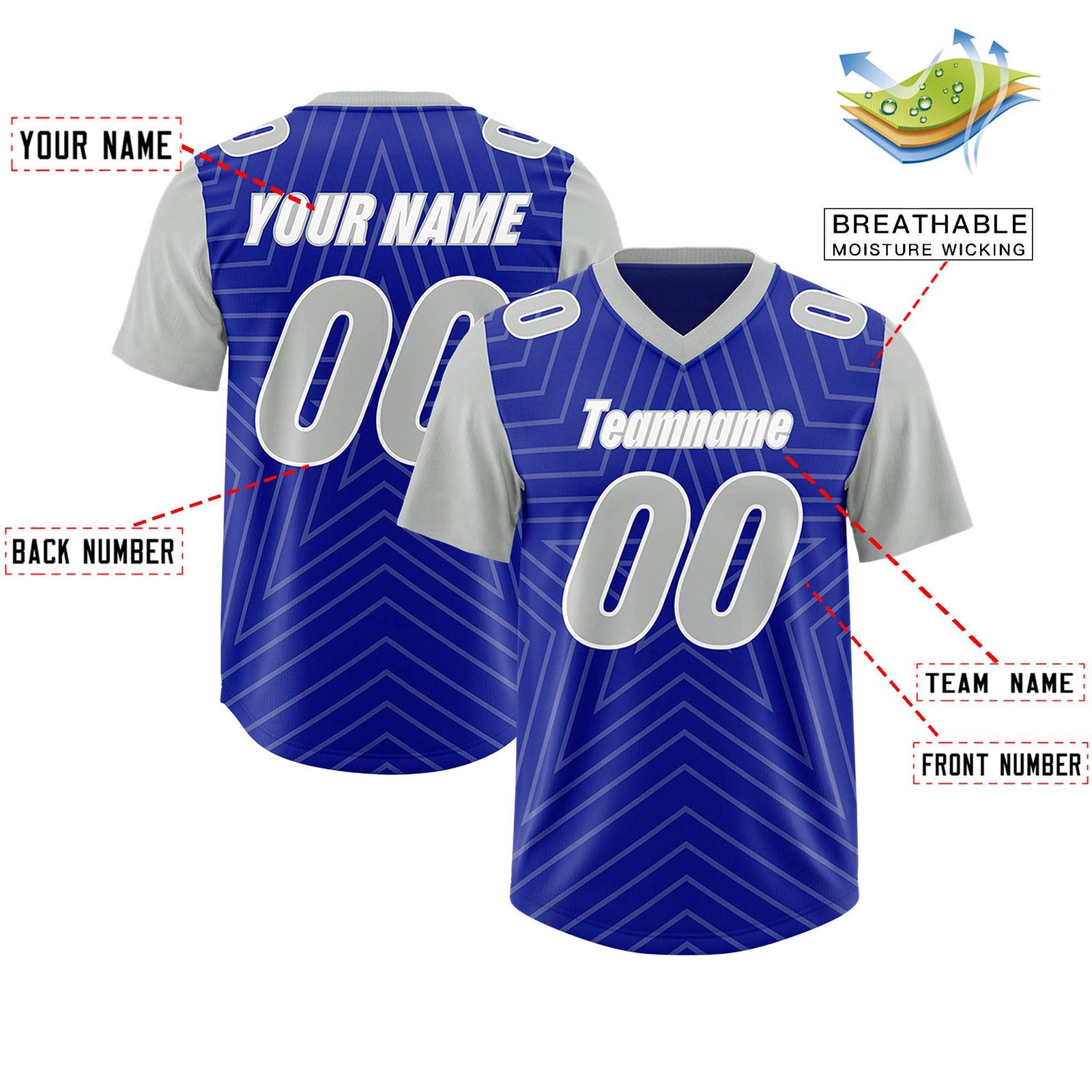 Custom Royal Gray Personalized Star Pattern Raglan Sleeves Authentic Football Jersey