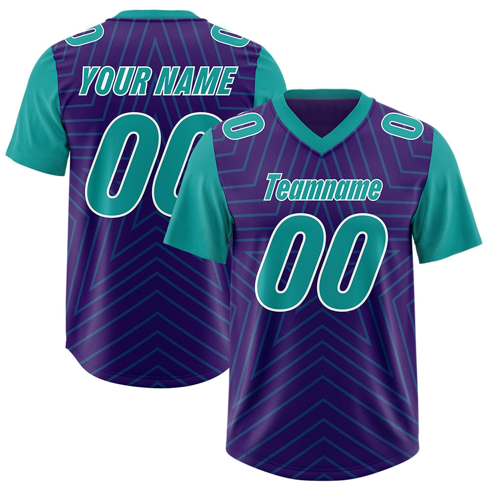 Custom Purple Aqua Personalized Star Pattern Raglan Sleeves Authentic Football Jersey