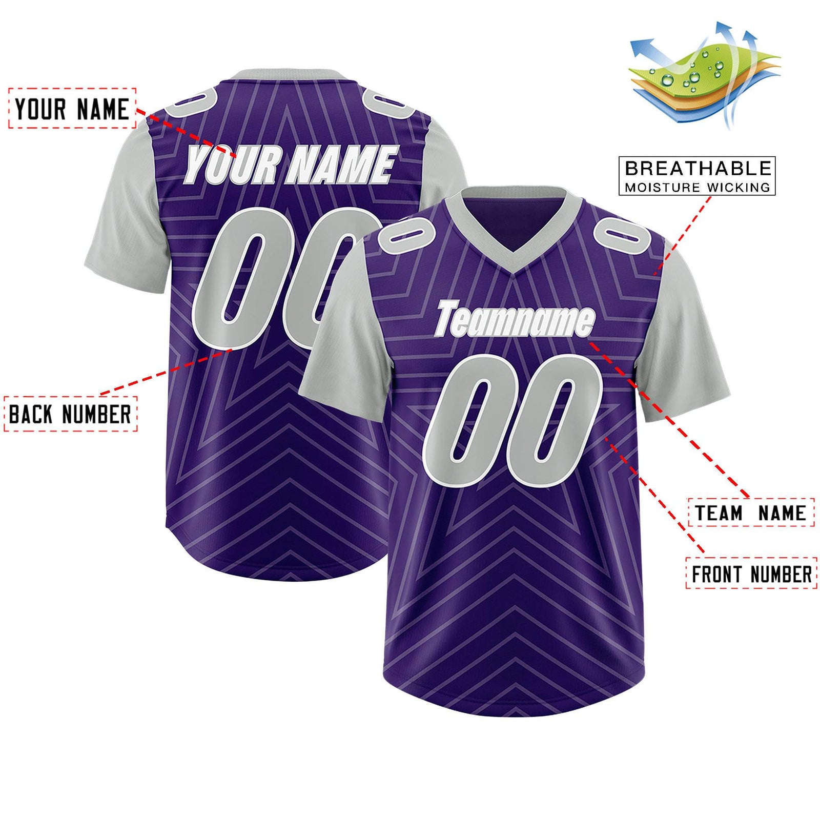 Custom Purple Gray Personalized Star Pattern Raglan Sleeves Authentic Football Jersey