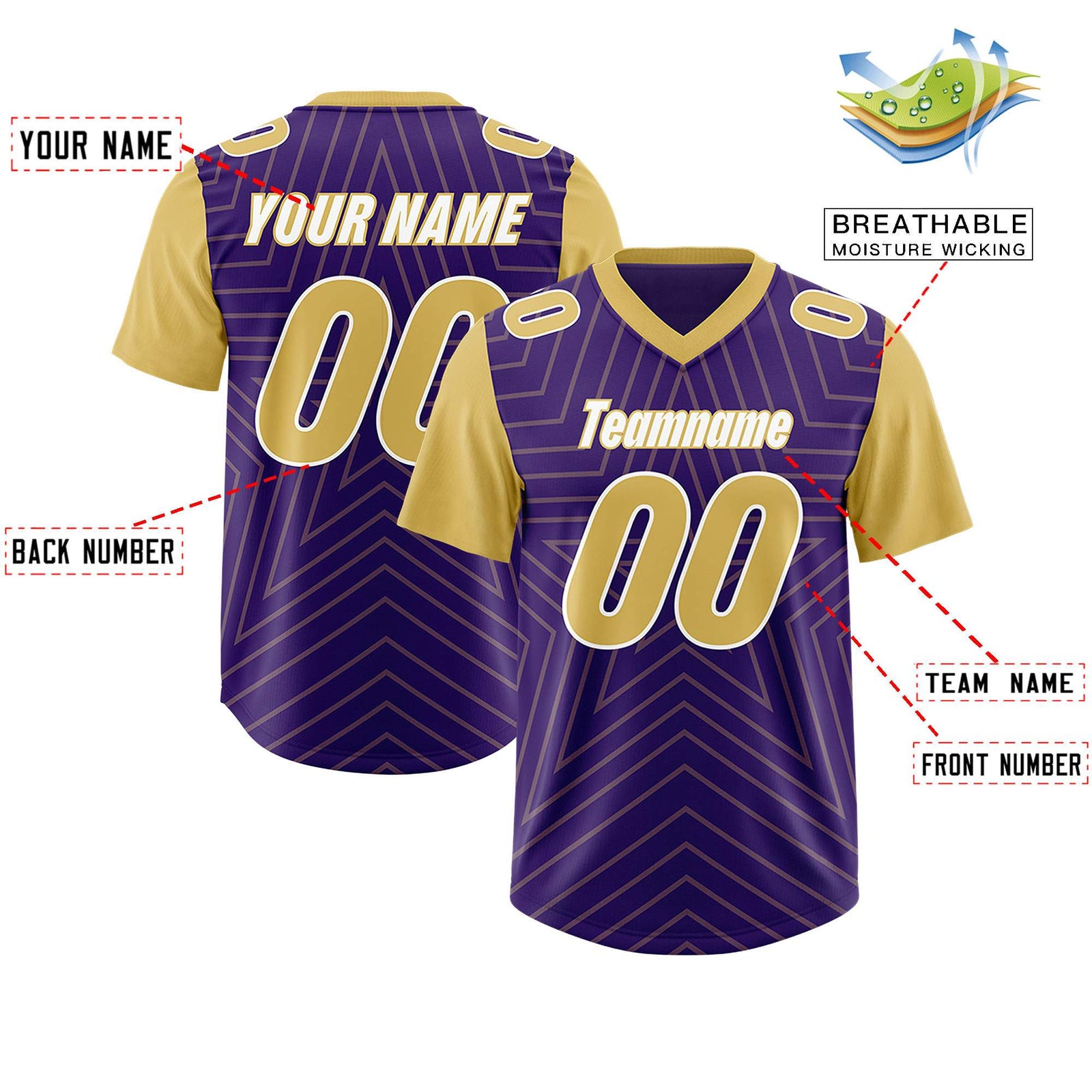 Custom Purple Old Gold Personalized Star Pattern Raglan Sleeves Authentic Football Jersey