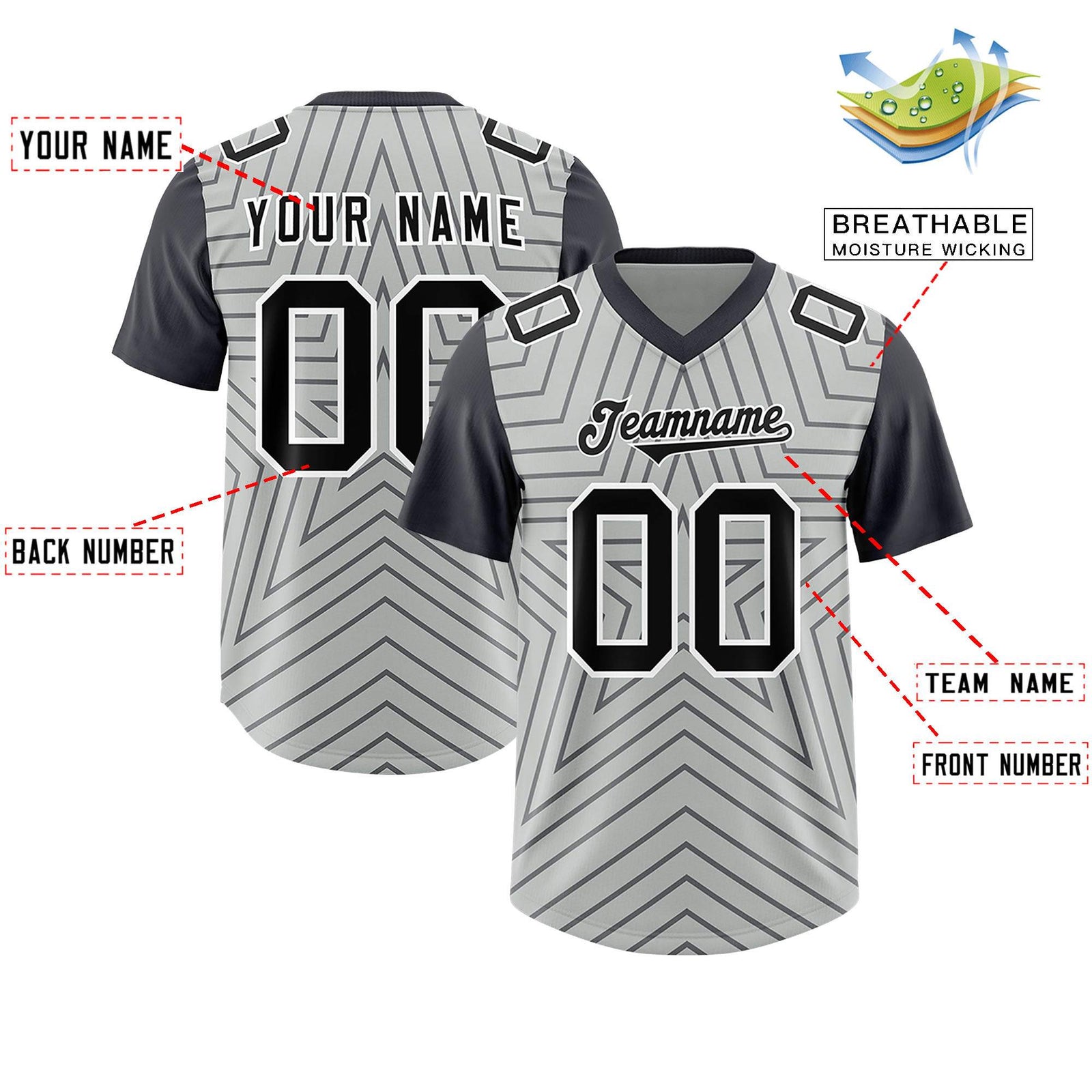 Custom Gray Dark Gray Personalized Star Pattern Raglan Sleeves Authentic Football Jersey