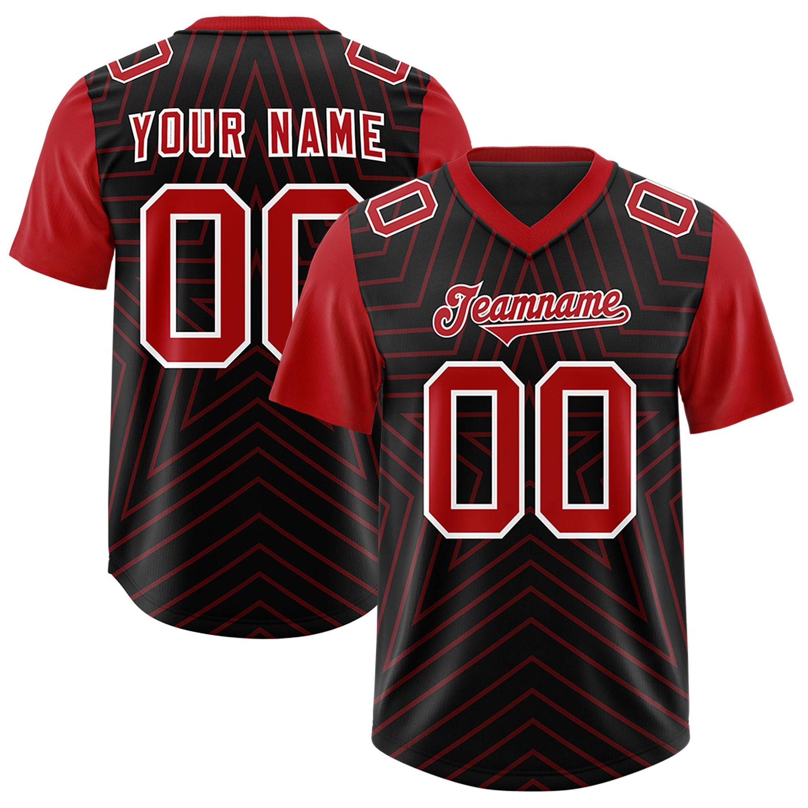Custom Black Red Personalized Star Pattern Raglan Sleeves Authentic Football Jersey