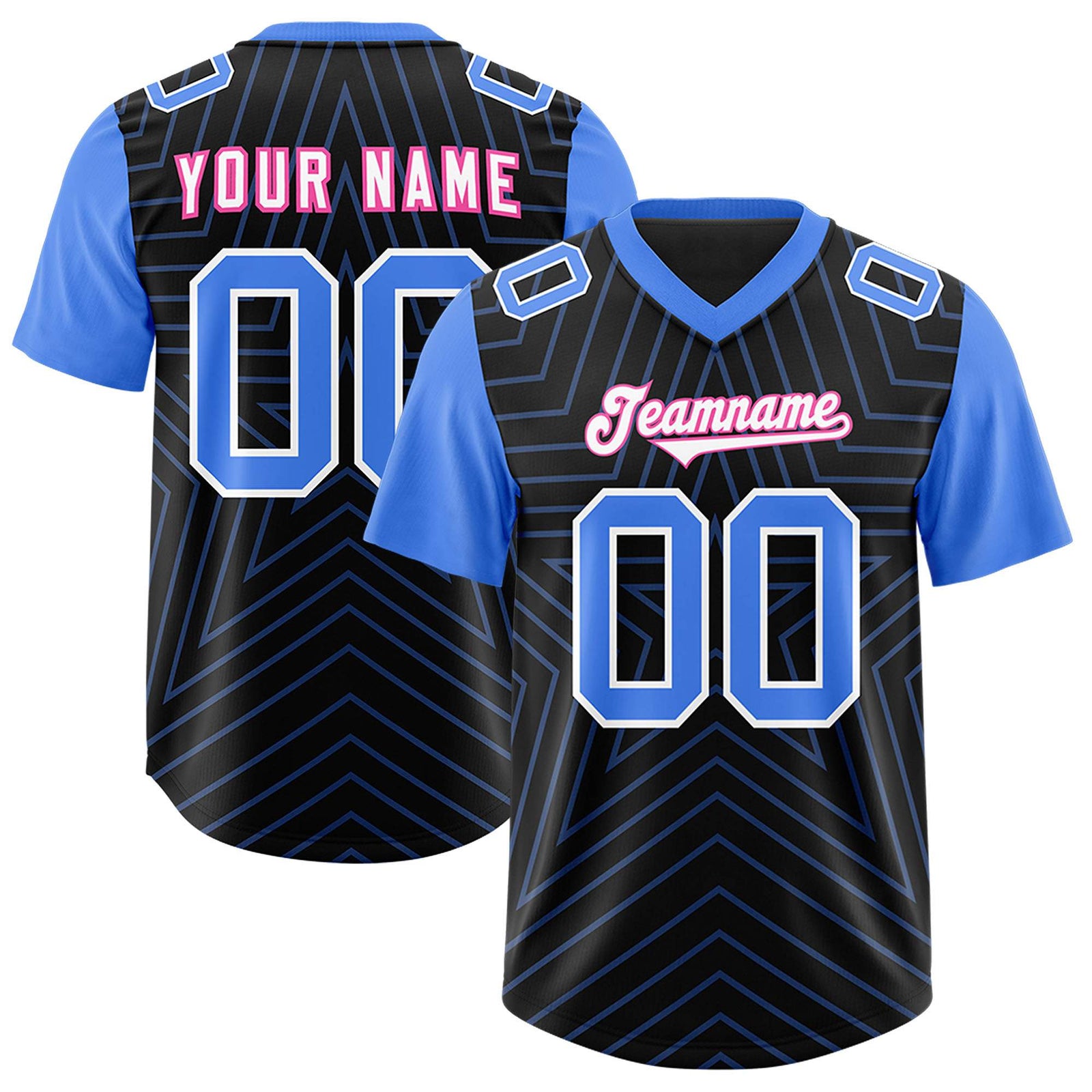 Custom Black Powder Blue Personalized Star Pattern Raglan Sleeves Authentic Football Jersey