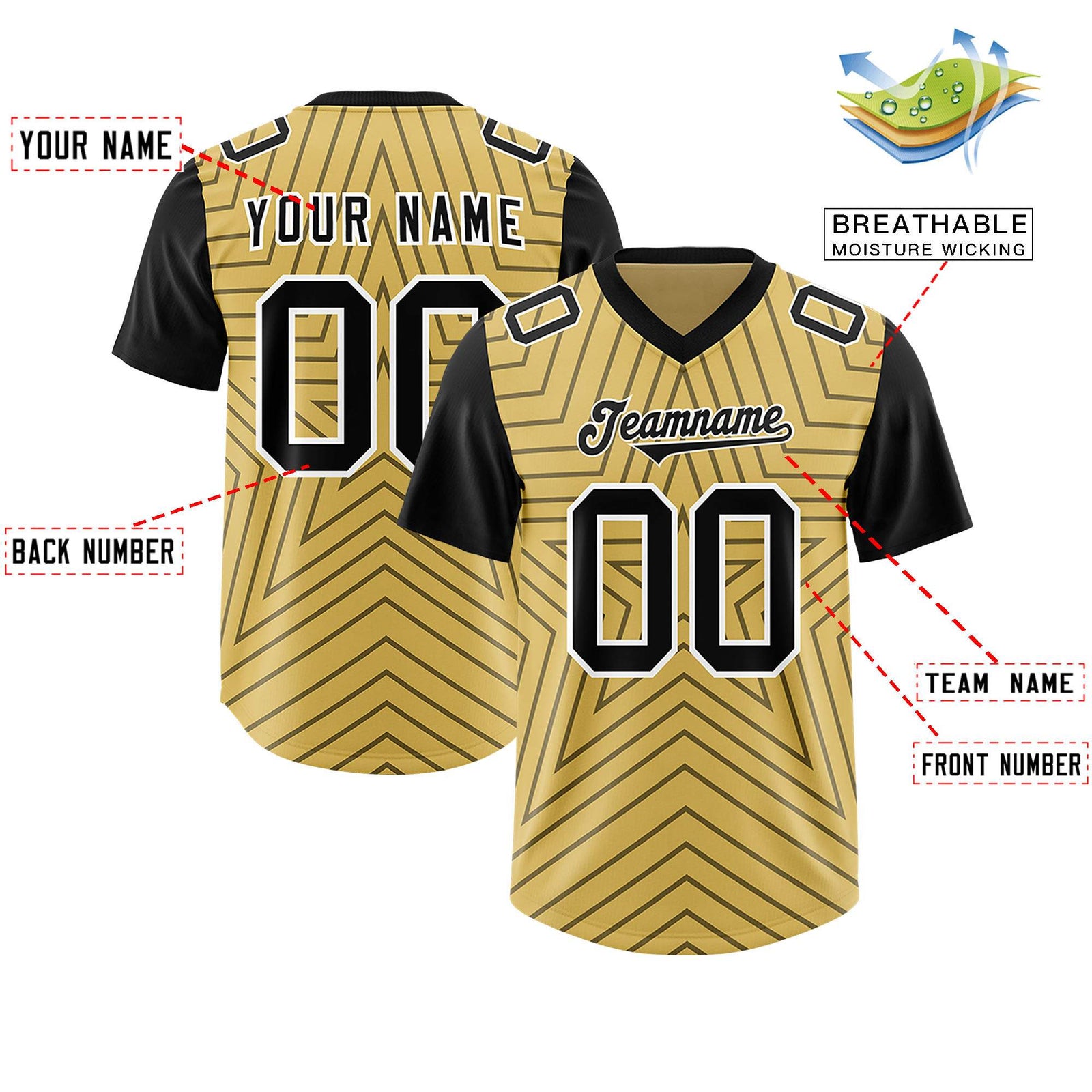 Custom Old Gold Black Personalized Star Pattern Raglan Sleeves Authentic Football Jersey