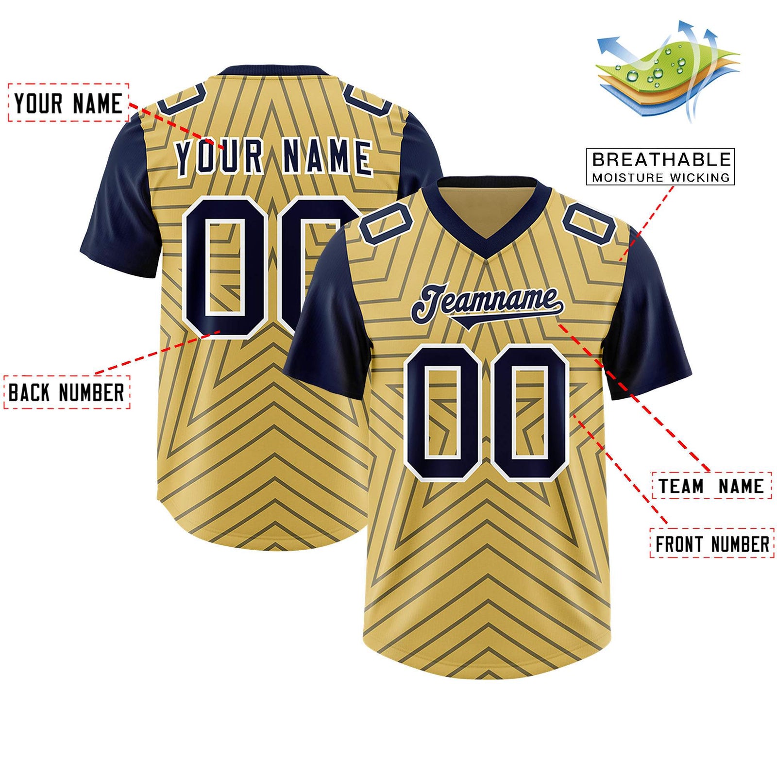 Custom Old Gold Navy Personalized Star Pattern Raglan Sleeves Authentic Football Jersey