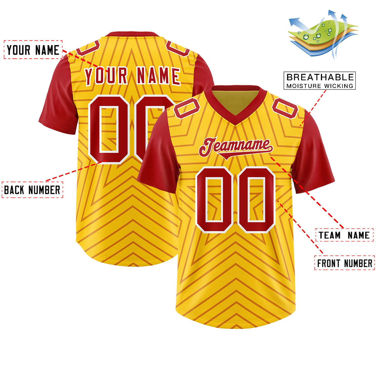 Custom Gold Red Personalized Star Pattern Raglan Sleeves Authentic Football Jersey