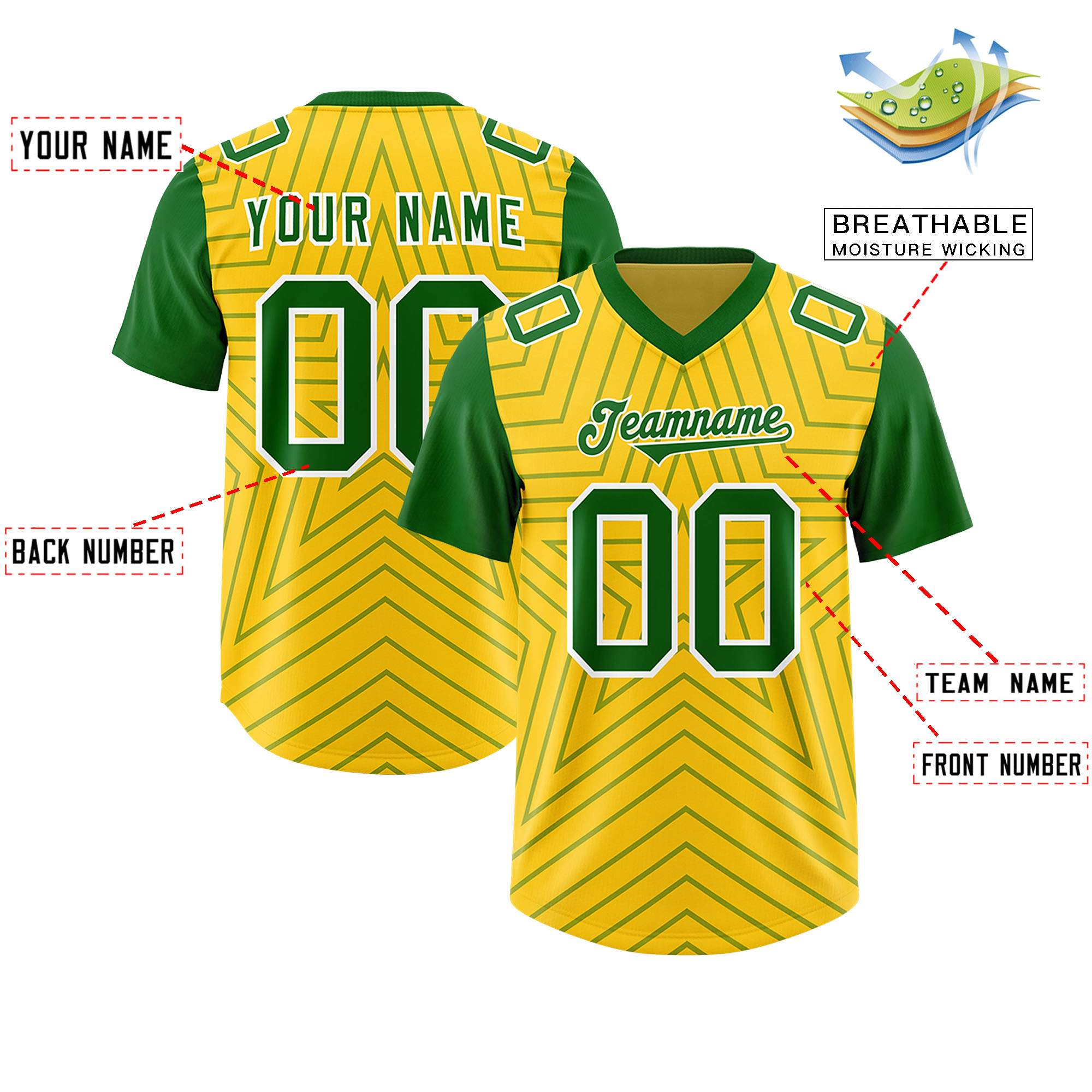 Custom Gold Kelly Green Personalized Star Pattern Raglan Sleeves Authentic Football Jersey