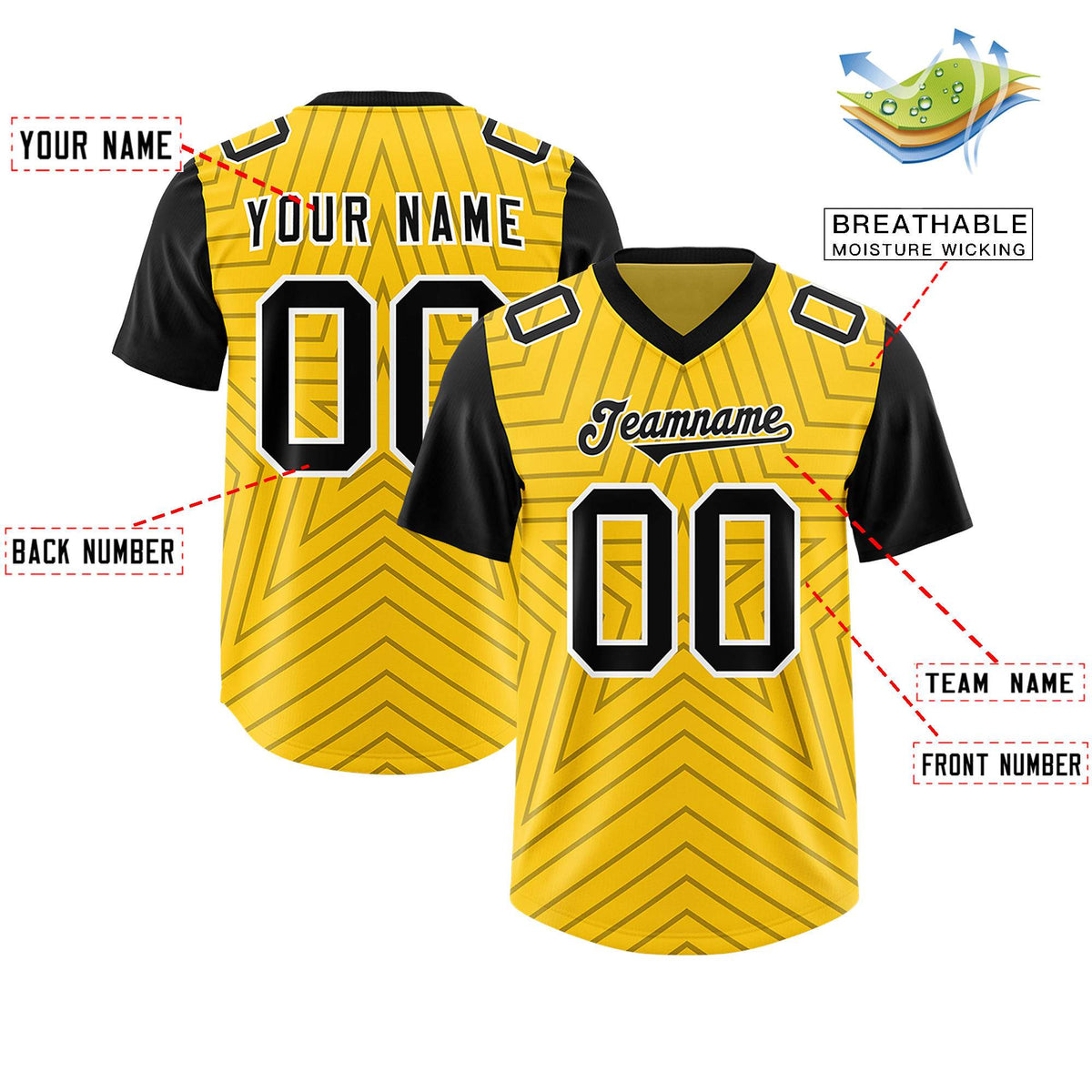 Custom Gold Black Personalized Star Pattern Raglan Sleeves Authentic Football Jersey