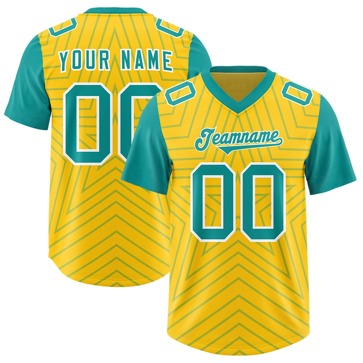 Custom Gold Aqua Personalized Star Pattern Raglan Sleeves Authentic Football Jersey