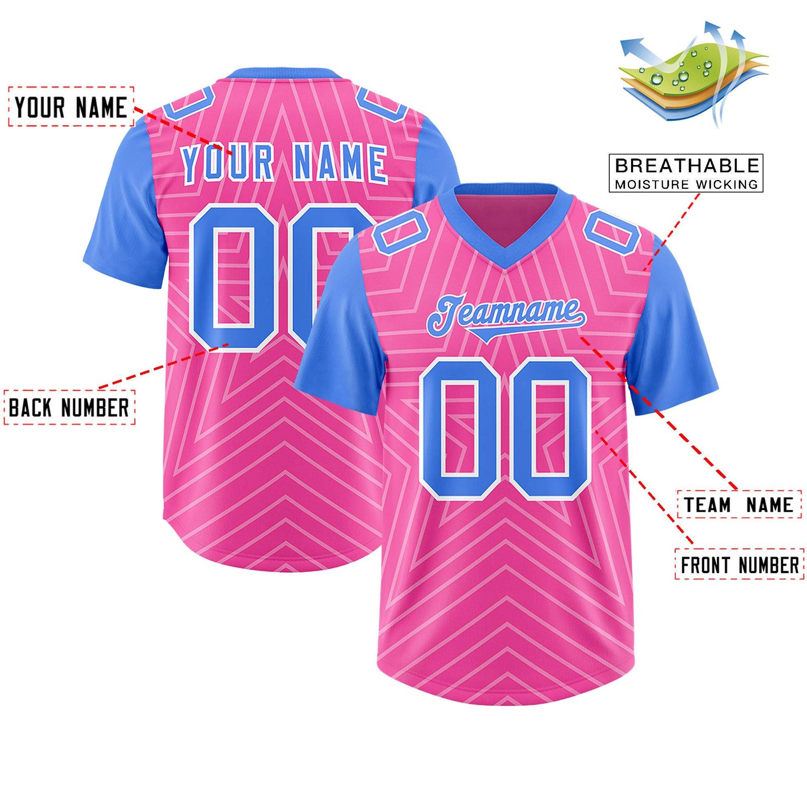 Custom Pink Powder Blue Personalized Star Pattern Raglan Sleeves Authentic Football Jersey