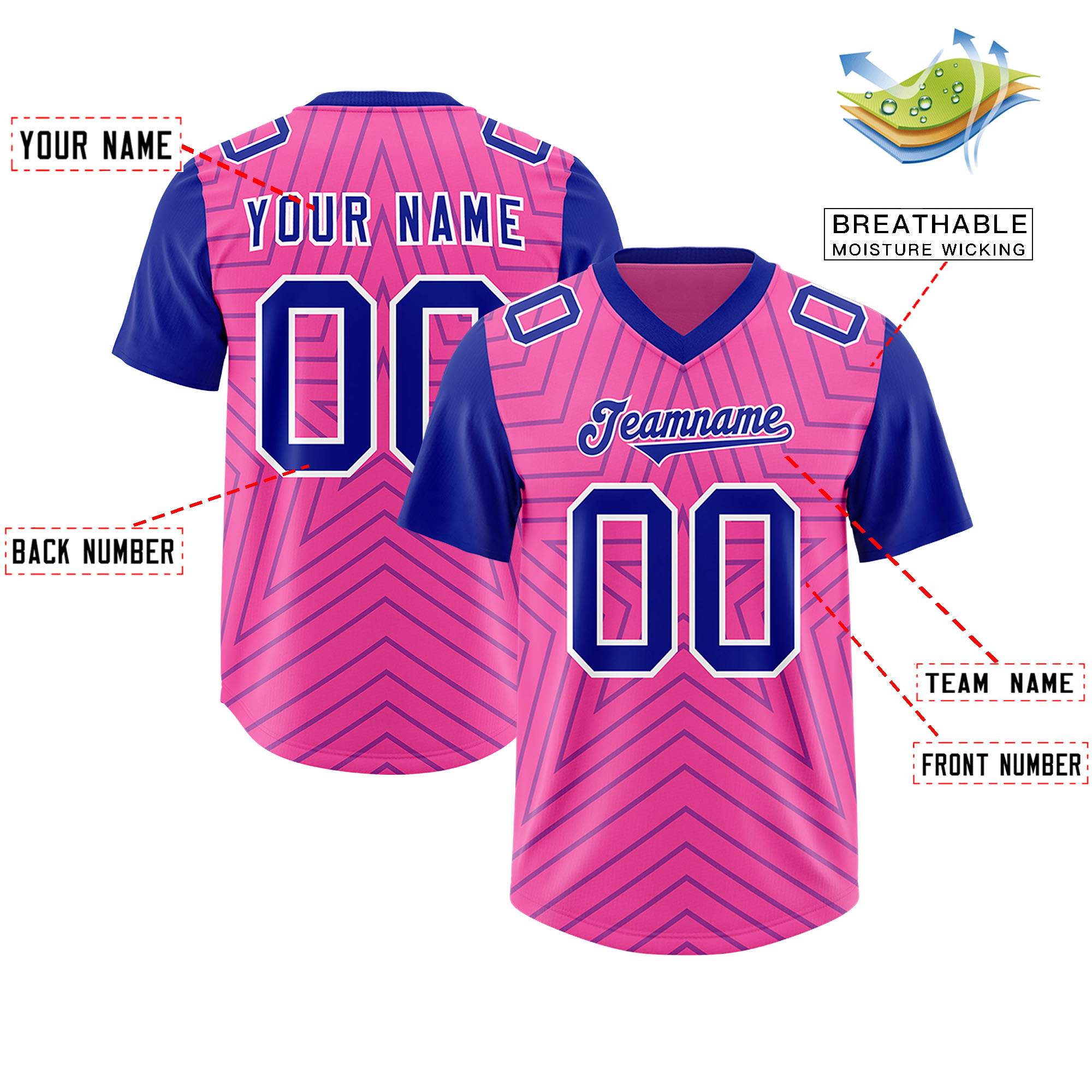 Custom Pink Royal Personalized Star Pattern Raglan Sleeves Authentic Football Jersey