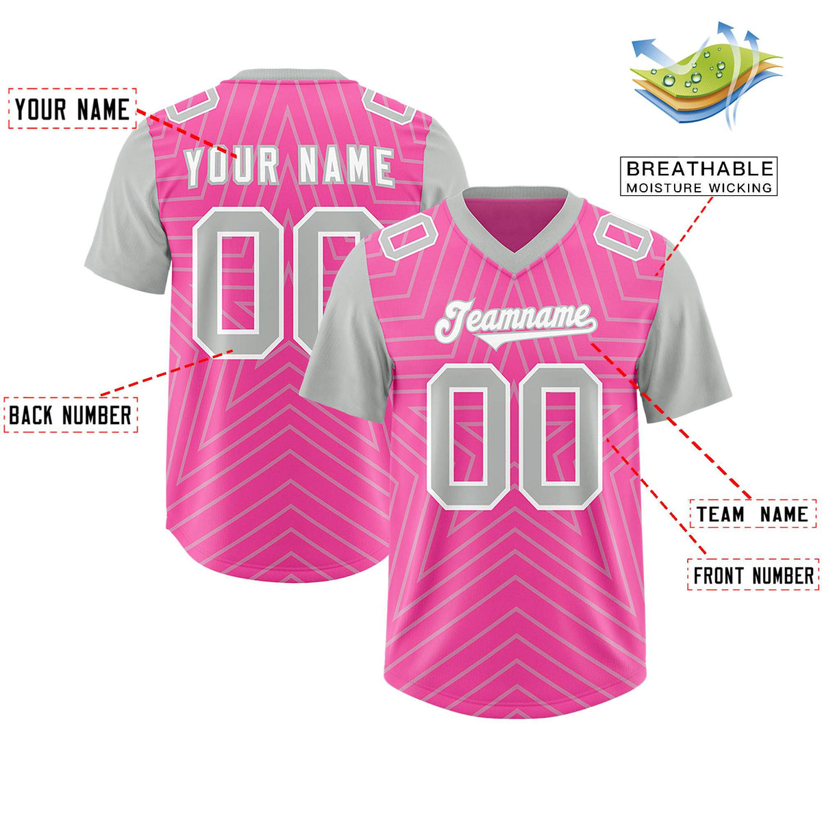 Custom Pink Gray Personalized Star Pattern Raglan Sleeves Authentic Football Jersey