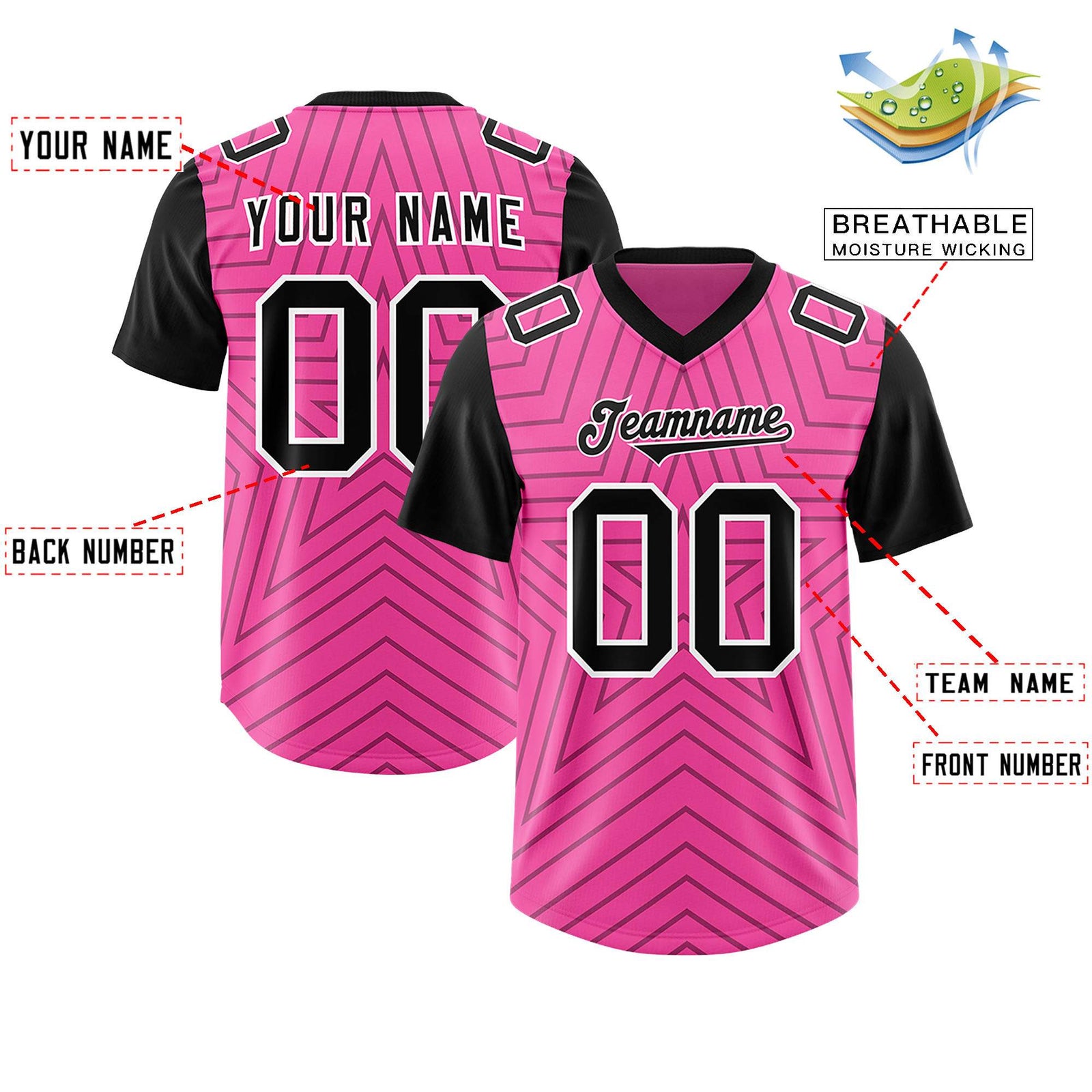 Custom Pink Black Personalized Star Pattern Raglan Sleeves Authentic Football Jersey