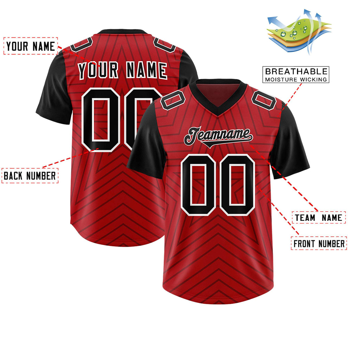 Custom Red Black Personalized Star Pattern Raglan Sleeves Authentic Football Jersey
