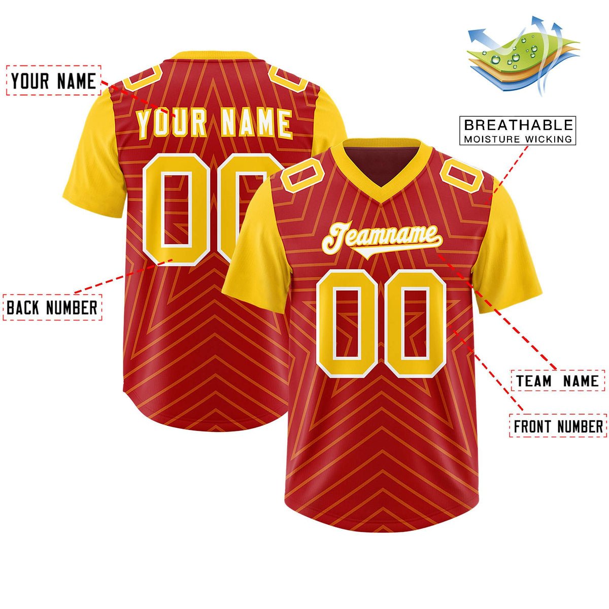 Custom Red Gold Personalized Star Pattern Raglan Sleeves Authentic Football Jersey