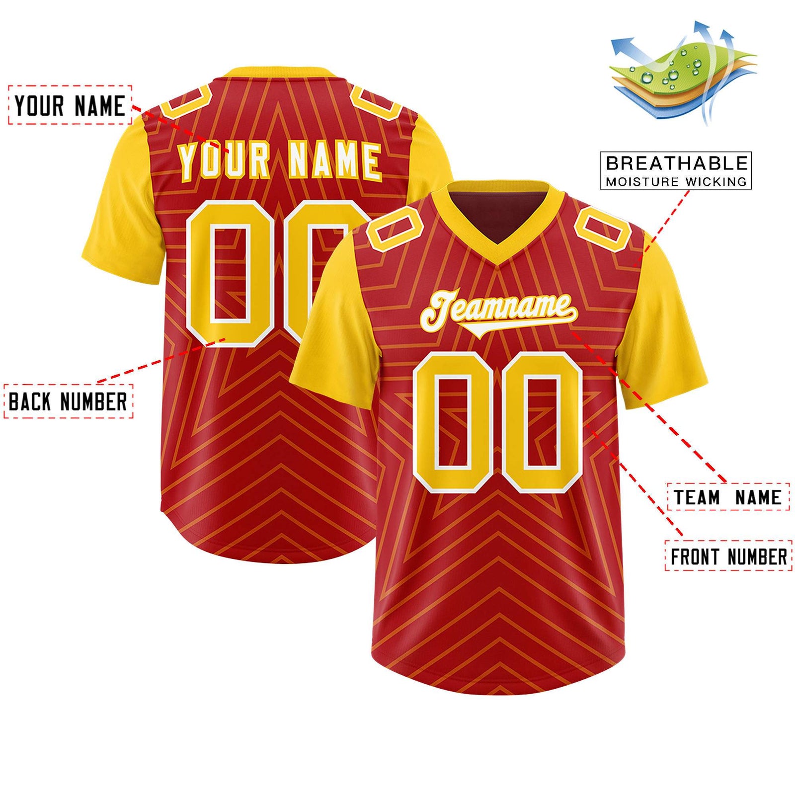 Custom Red Gold Personalized Star Pattern Raglan Sleeves Authentic Football Jersey