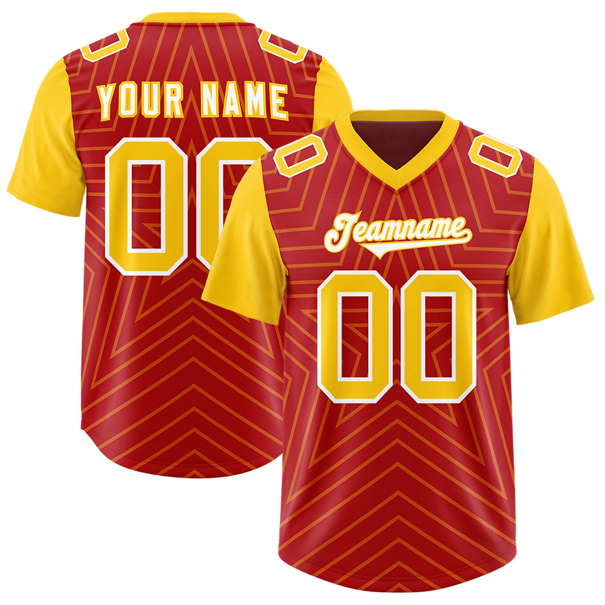 Custom Red Gold Personalized Star Pattern Raglan Sleeves Authentic Football Jersey