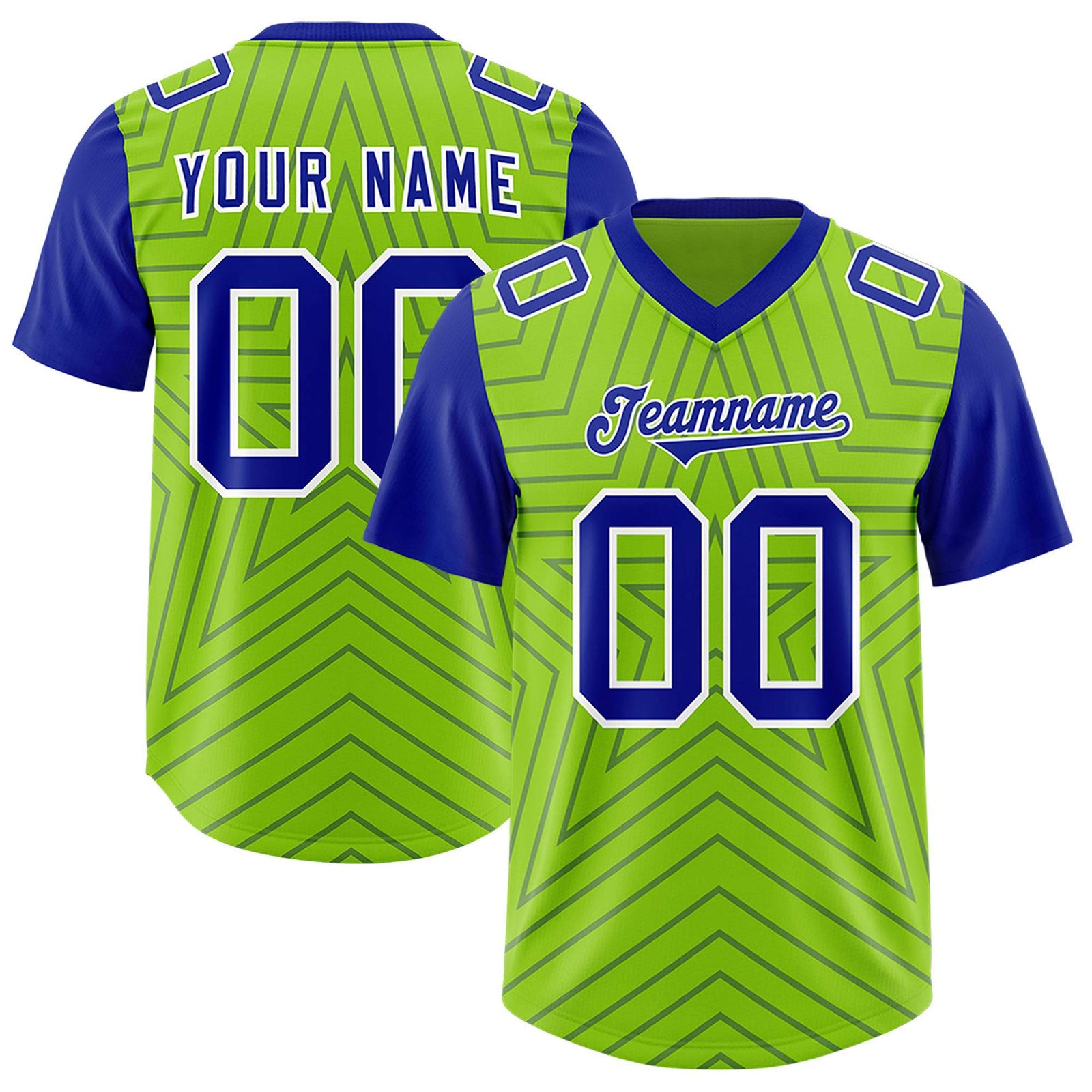 Custom Neon Green Royal Personalized Star Pattern Raglan Sleeves Authentic Football Jersey