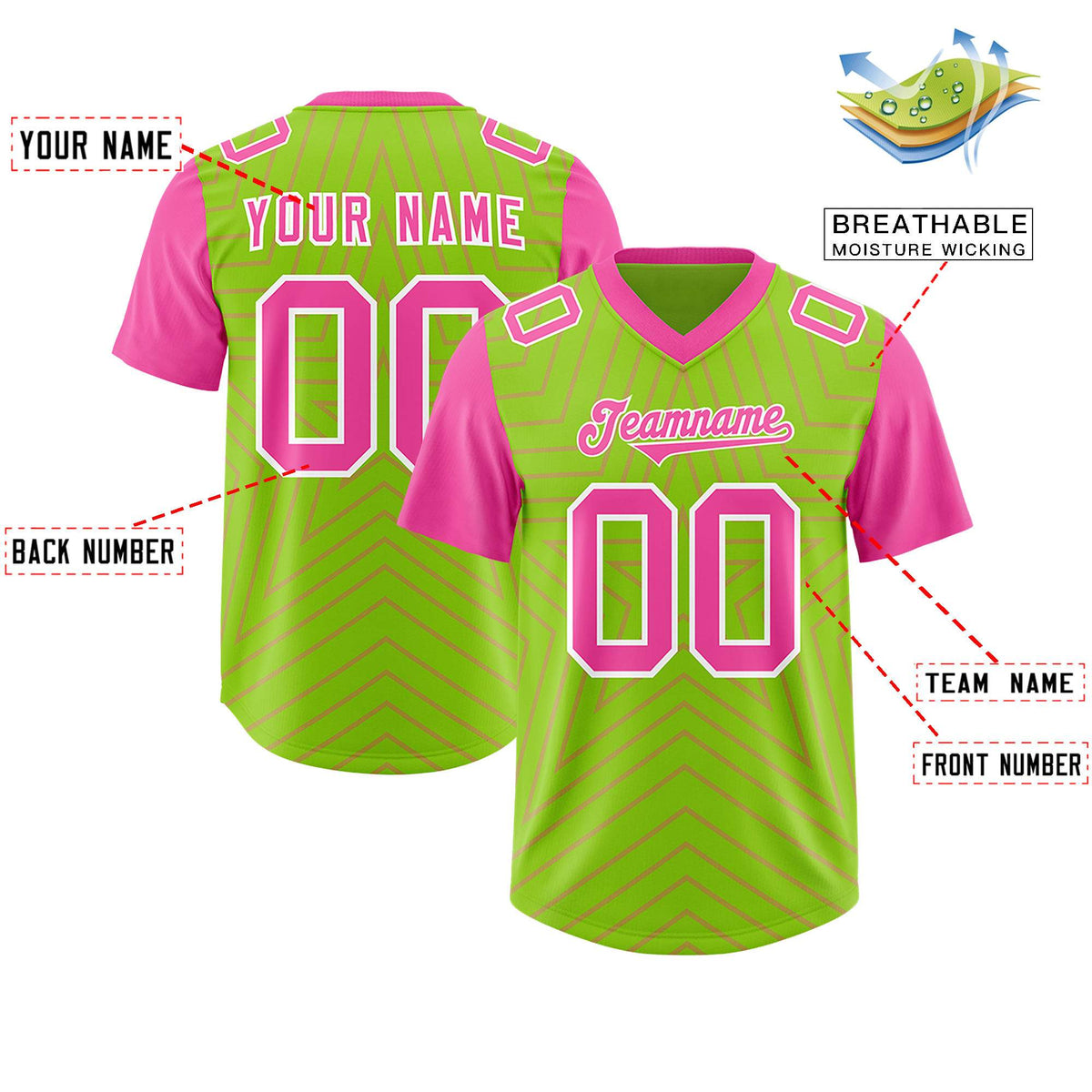 Custom Neon Green Pink Personalized Star Pattern Raglan Sleeves Authentic Football Jersey