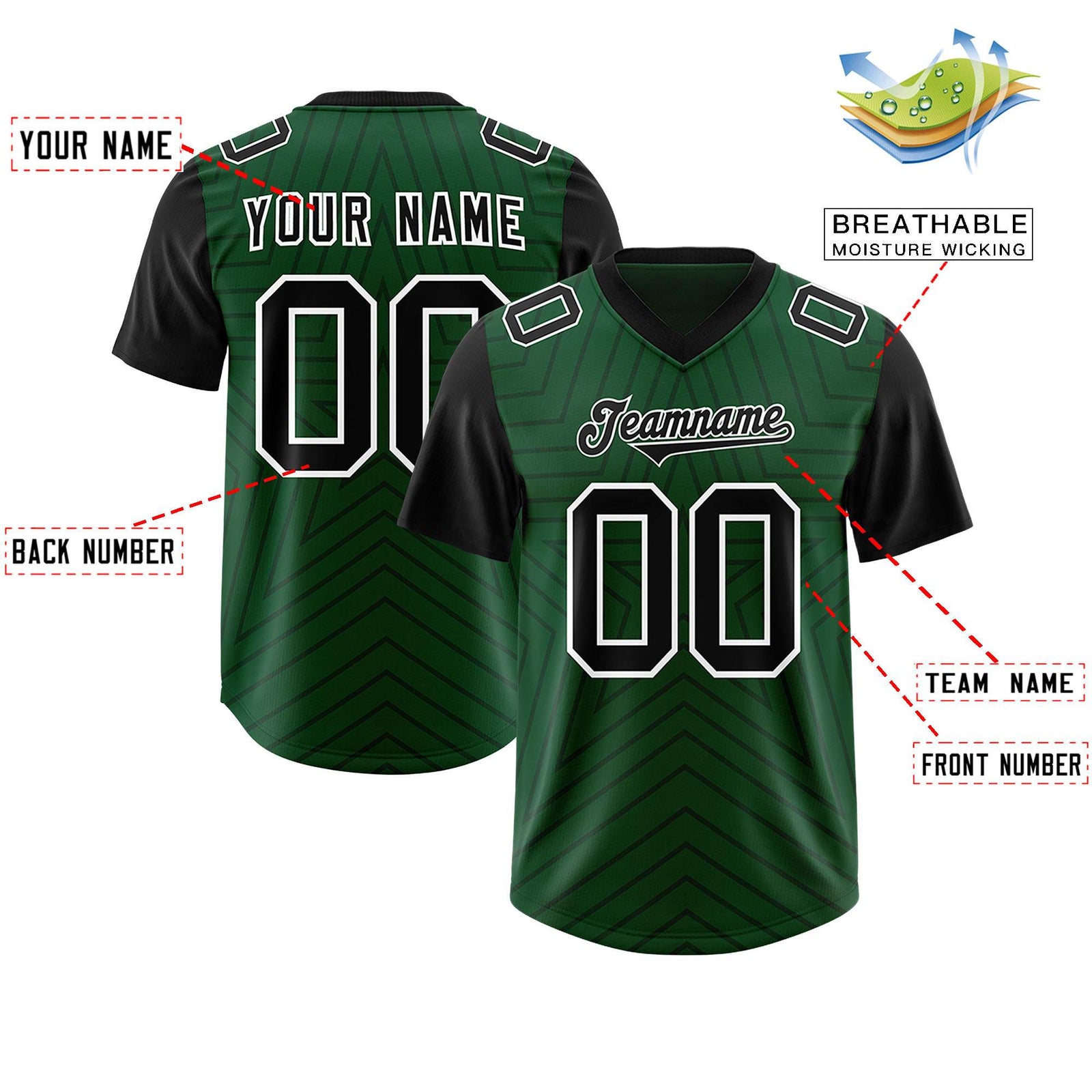 Custom Green Black Personalized Star Pattern Raglan Sleeves Authentic Football Jersey