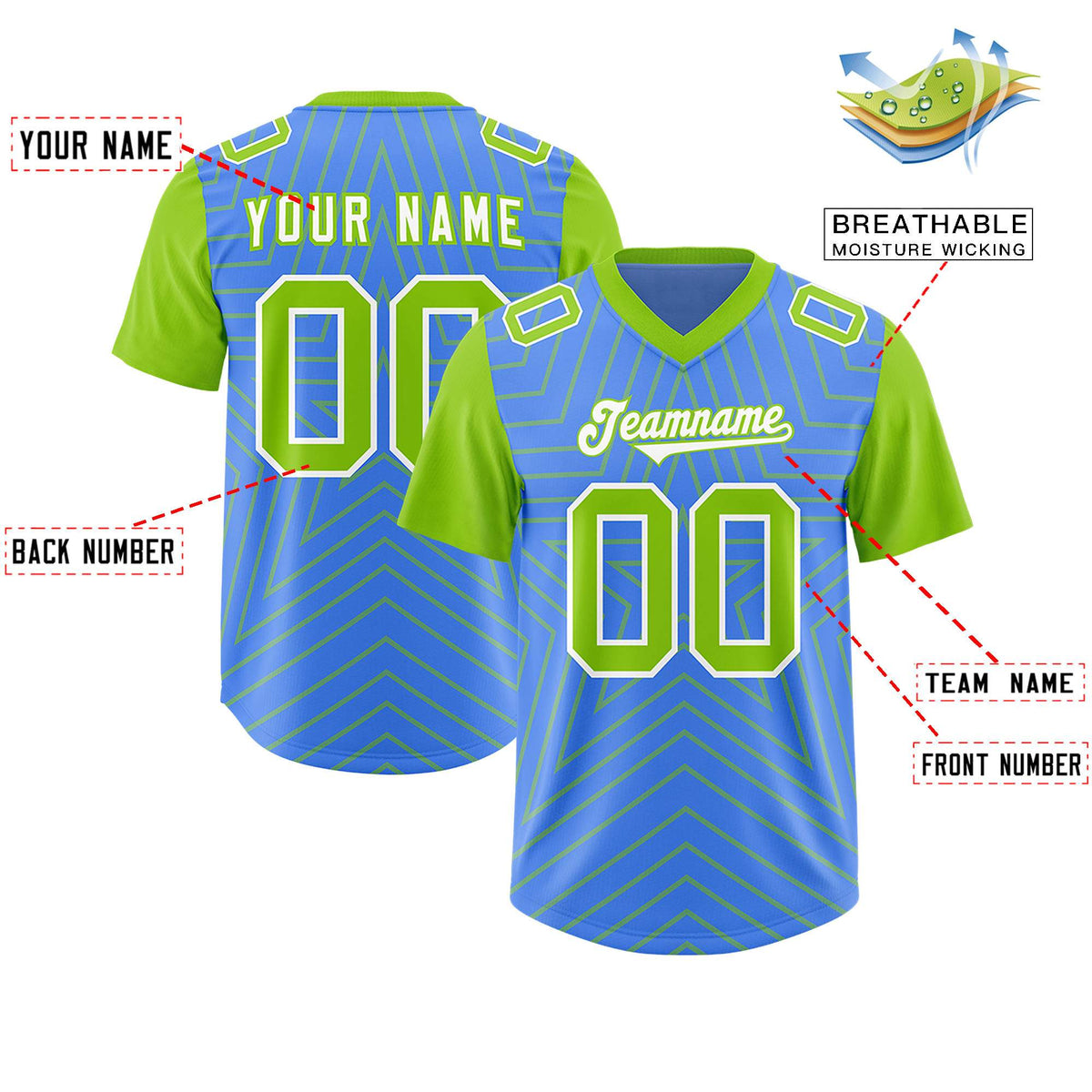 Custom Powder Blue Neon Green Personalized Star Pattern Raglan Sleeves Authentic Football Jersey