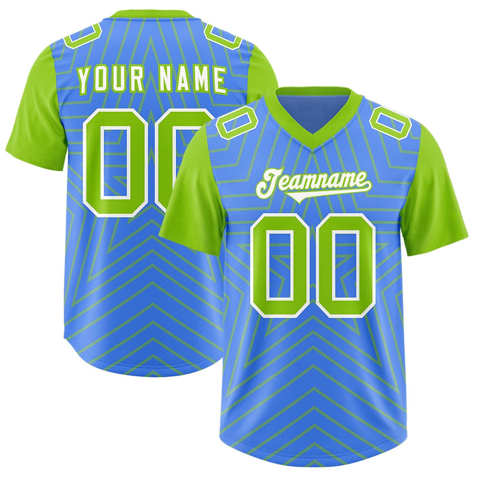 Custom Powder Blue Neon Green Personalized Star Pattern Raglan Sleeves Authentic Football Jersey