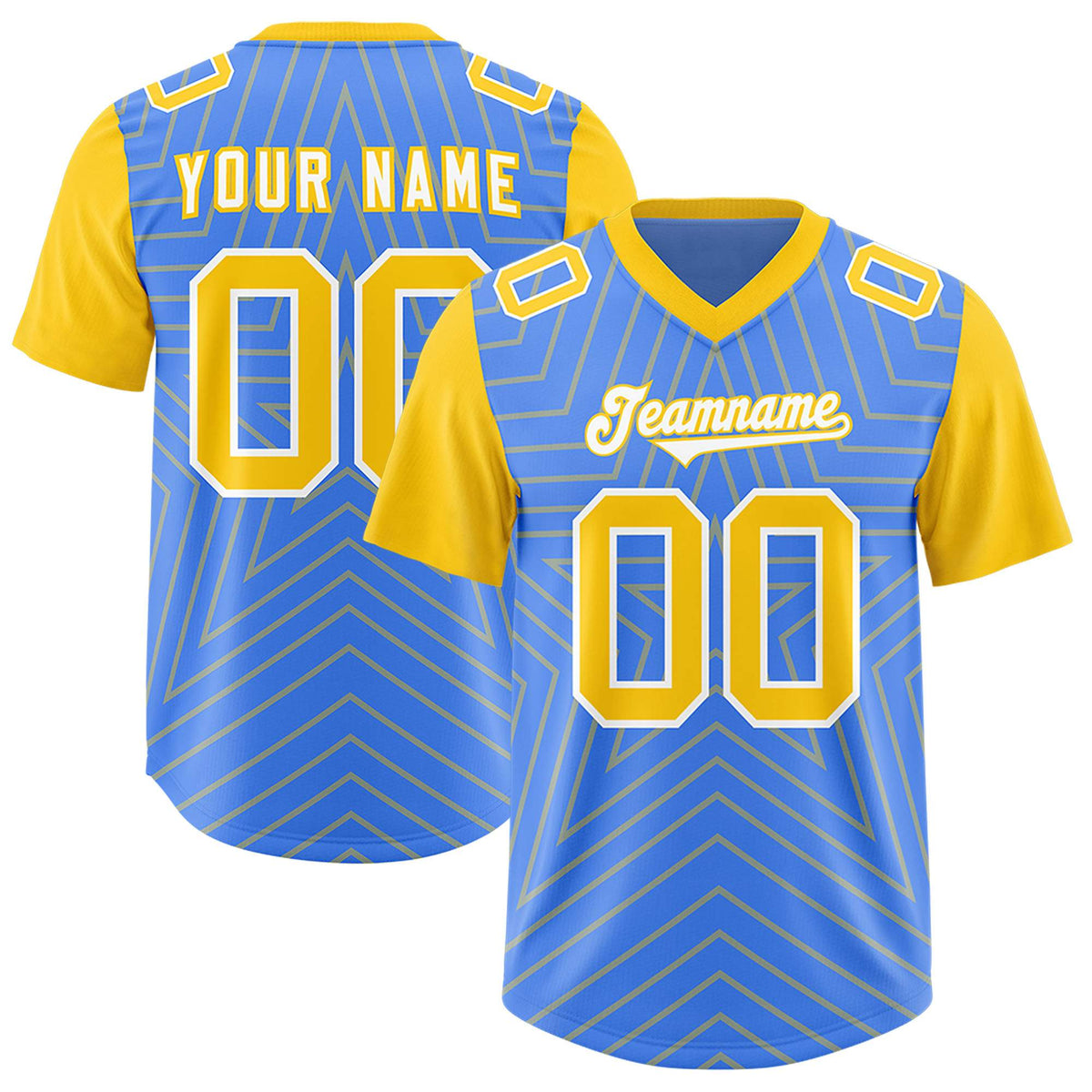 Custom Powder Blue Gold Personalized Star Pattern Raglan Sleeves Authentic Football Jersey