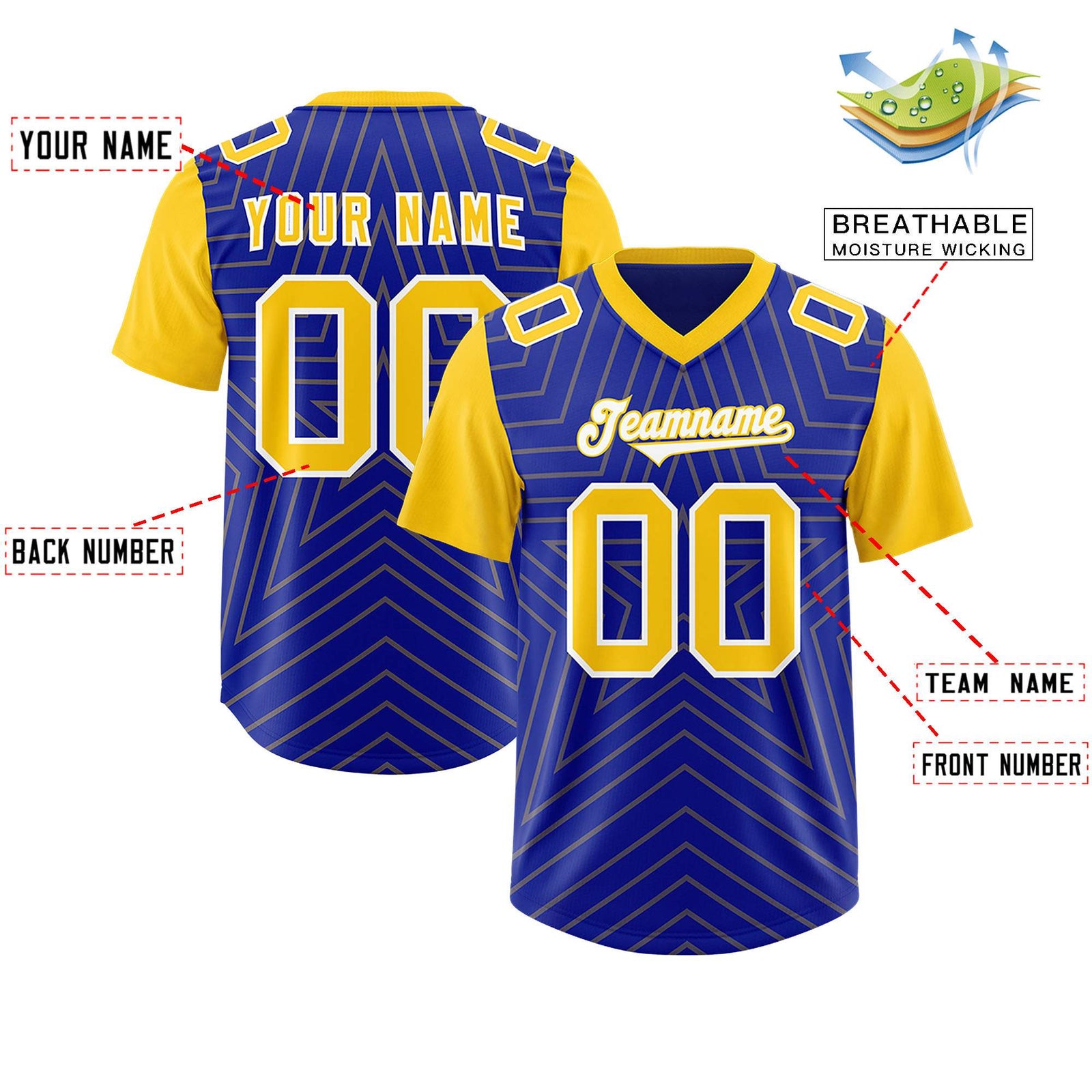 Custom Royal Gold Personalized Star Pattern Raglan Sleeves Authentic Football Jersey