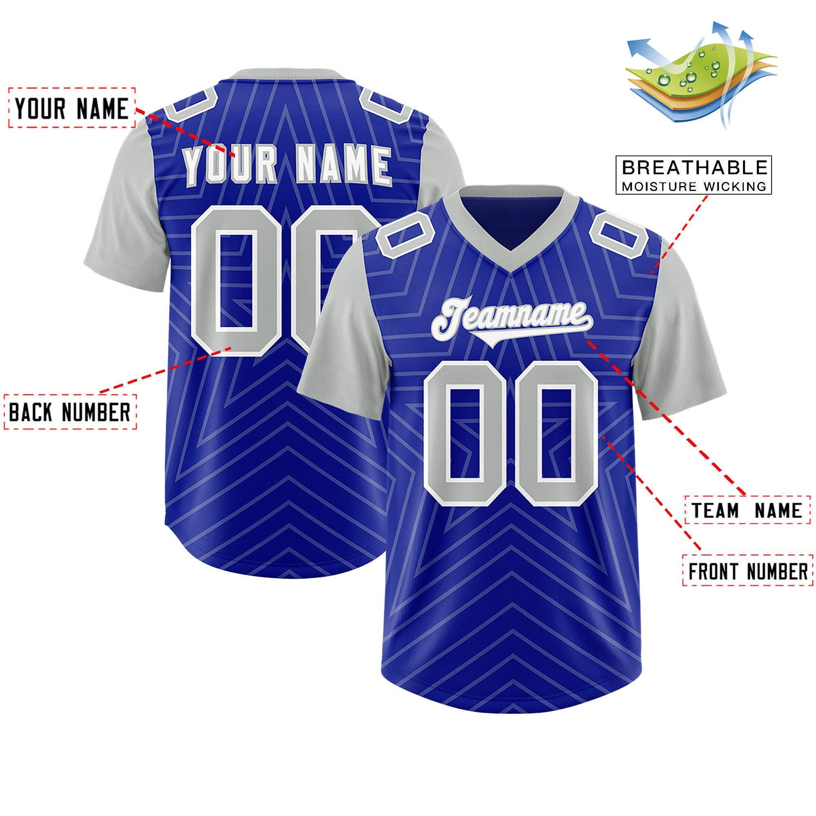 Custom Royal Gray Personalized Star Pattern Raglan Sleeves Authentic Football Jersey