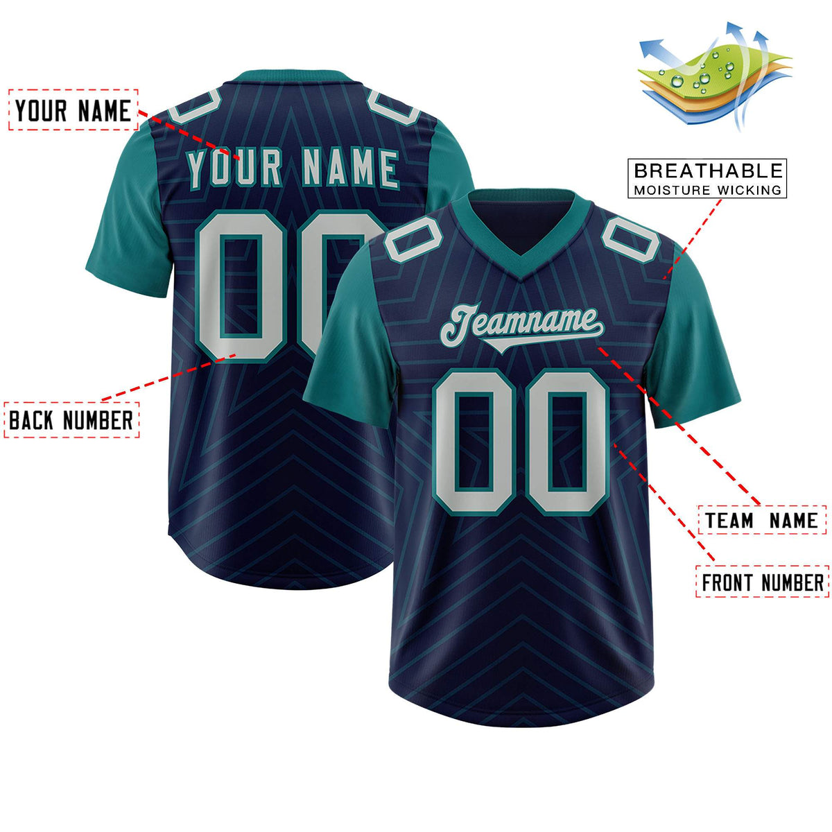 Custom Navy Aqua Personalized Star Pattern Raglan Sleeves Authentic Football Jersey