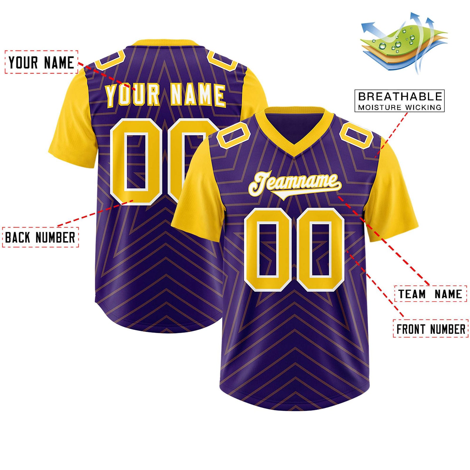 Custom Purple Gold Personalized Star Pattern Raglan Sleeves Authentic Football Jersey