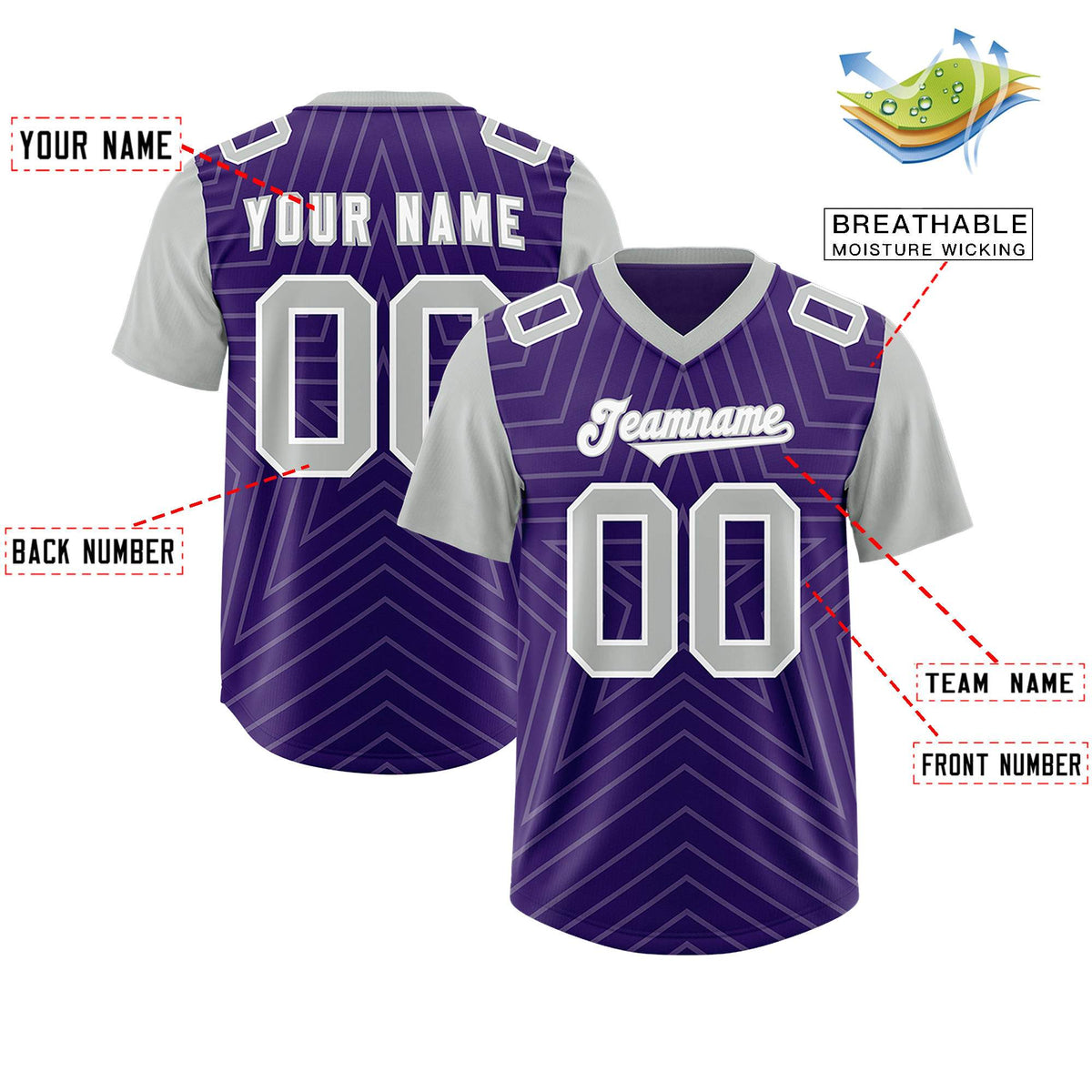 Custom Purple Gray Personalized Star Pattern Raglan Sleeves Authentic Football Jersey