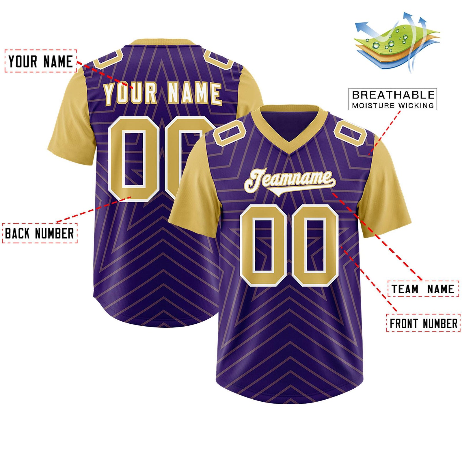 Custom Purple Old Gold Personalized Star Pattern Raglan Sleeves Authentic Football Jersey