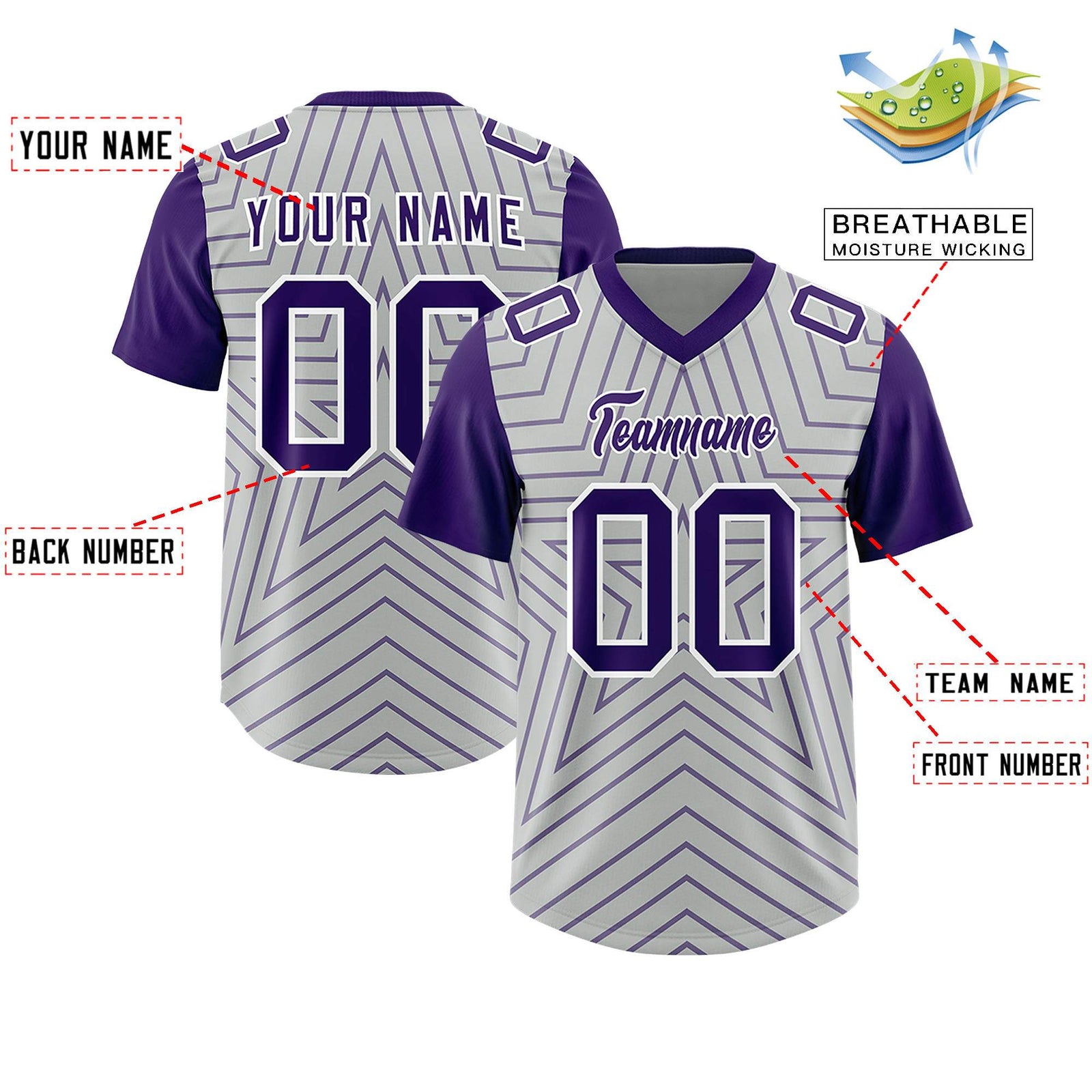 Custom Gray Purple Personalized Star Pattern Raglan Sleeves Authentic Football Jersey
