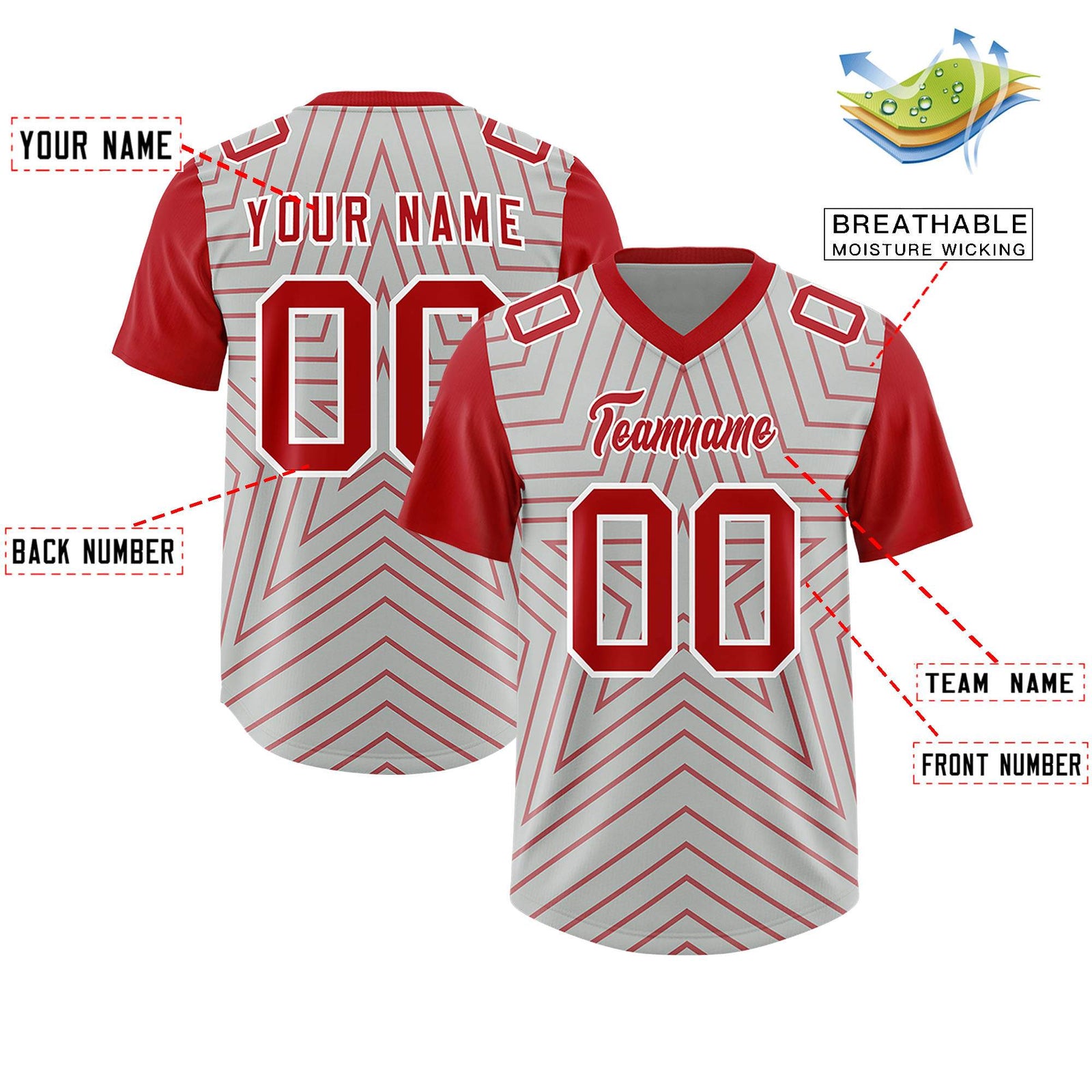 Custom Gray Red Personalized Star Pattern Raglan Sleeves Authentic Football Jersey