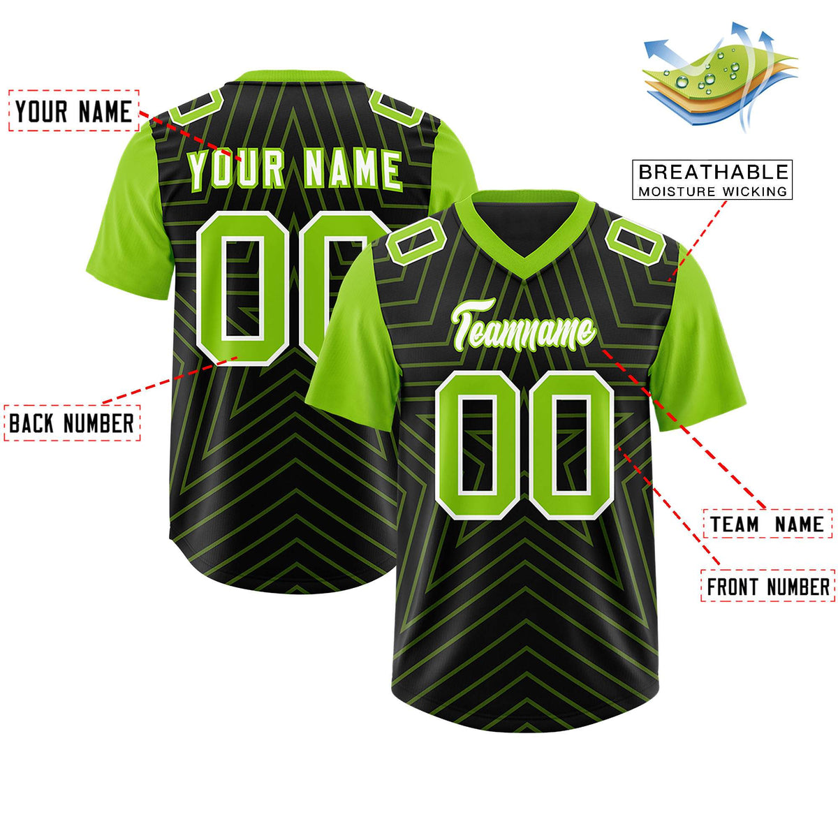 Custom Black Neon Green Personalized Star Pattern Raglan Sleeves Authentic Football Jersey