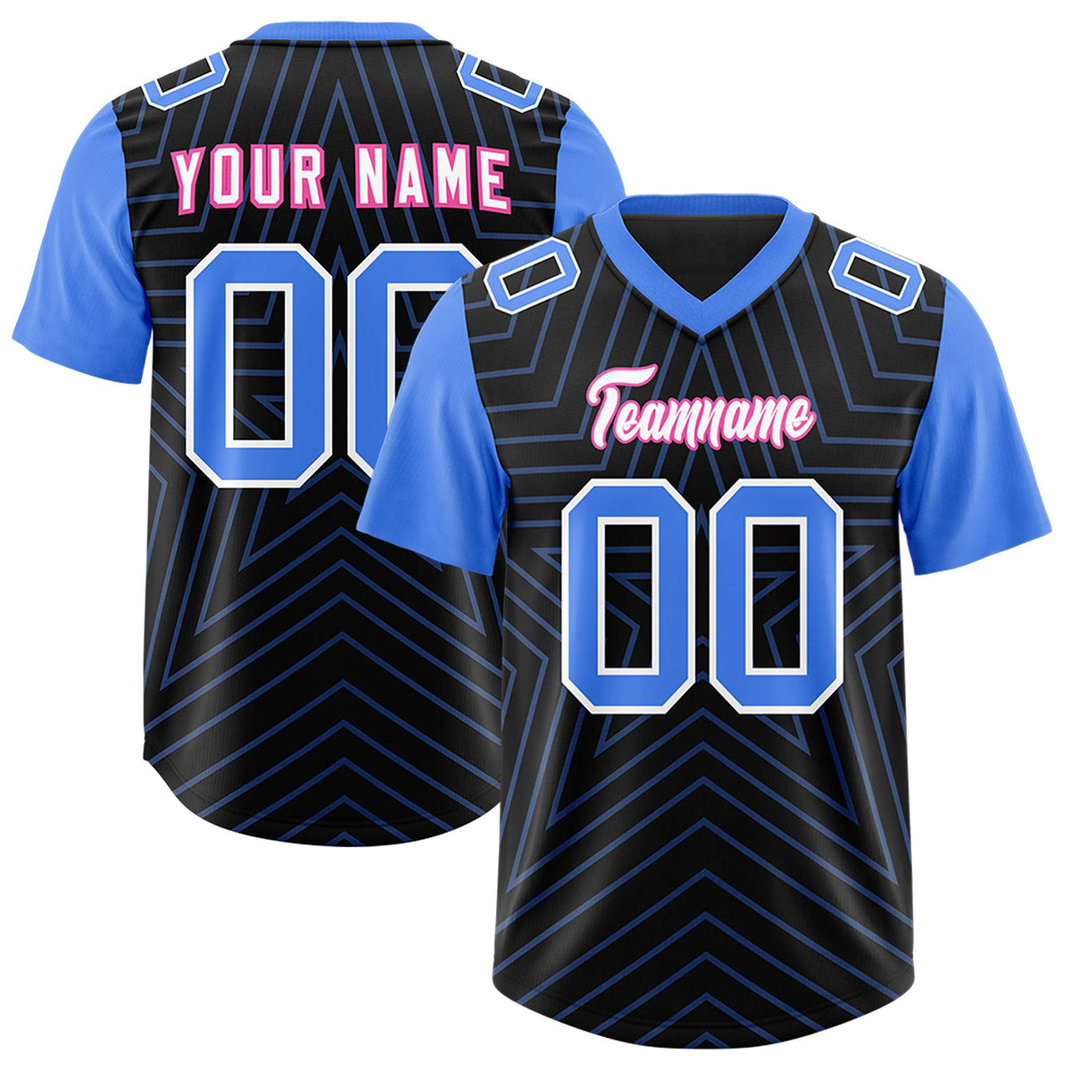 Custom Black Powder Blue Personalized Star Pattern Raglan Sleeves Authentic Football Jersey