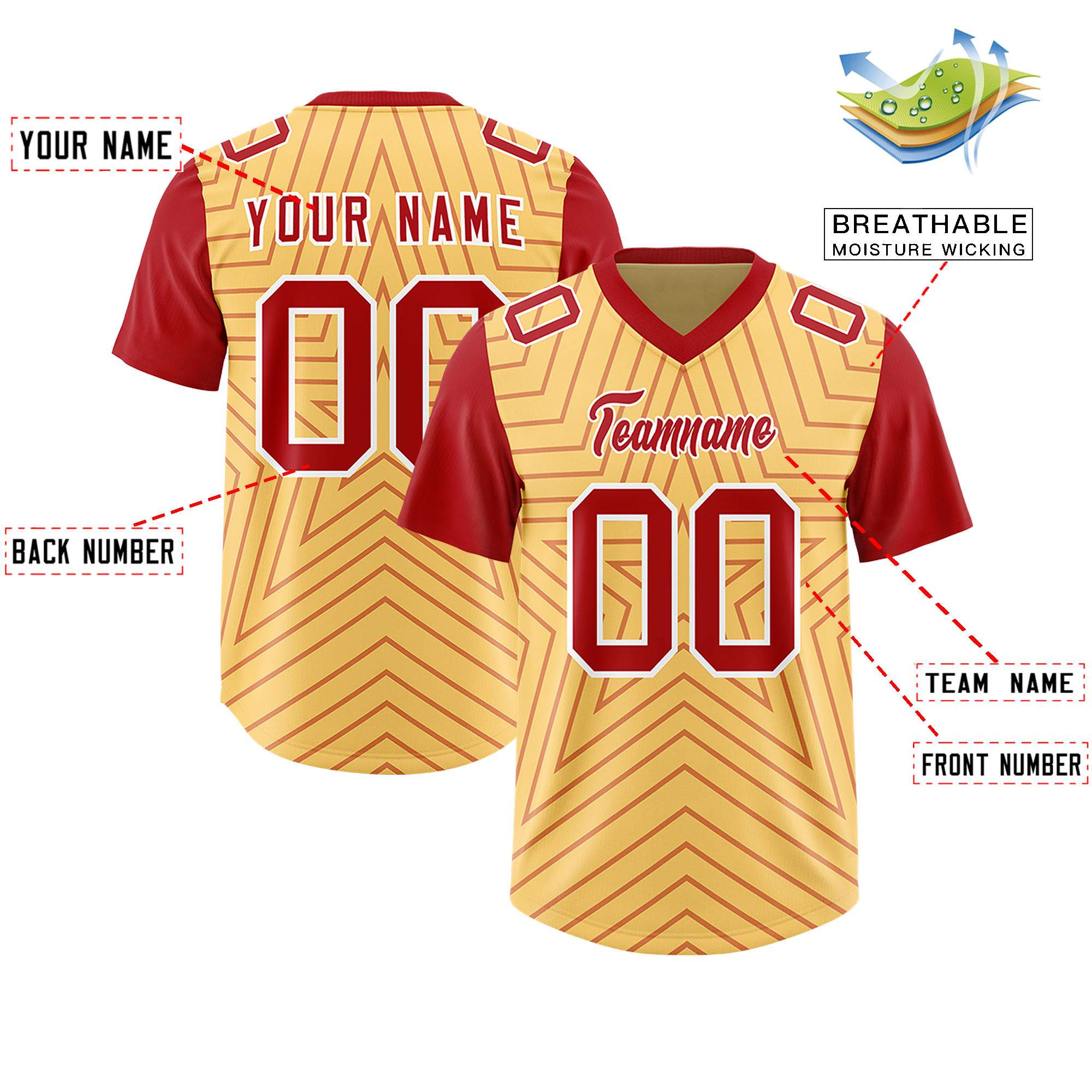 Custom Khaki Red Personalized Star Pattern Raglan Sleeves Authentic Football Jersey